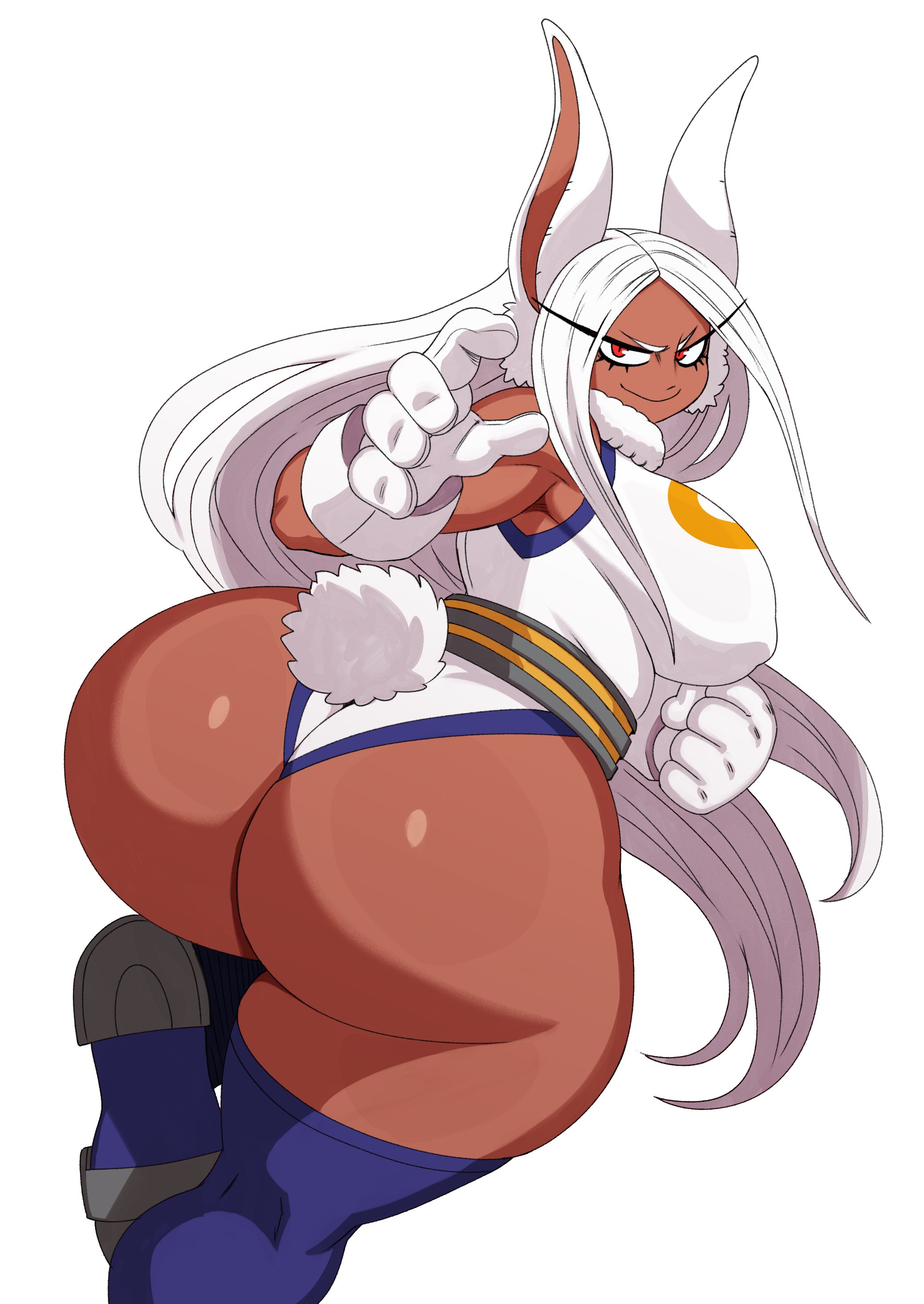 1girls, animal ears, ass, big ass, big breasts, breasts, bubble ass, bubble butt, bunny ears, bunny tail, clothing, dark skin, dark-skinned female, fat ass, female, female human, female only, furry, hero outfit (mha), huge ass, human, kemonomimi, large ass, large breasts, leotard, long hair, looking at viewer, looking back, mature female, miruko, my hero academia, red eyes, rumi usagiyama, sideboob, skimpy, smile, solo, solo female, sssonic2, superhero costume, superheroine, tail, thick thighs, thighhighs, very long hair, white hair, wide hips