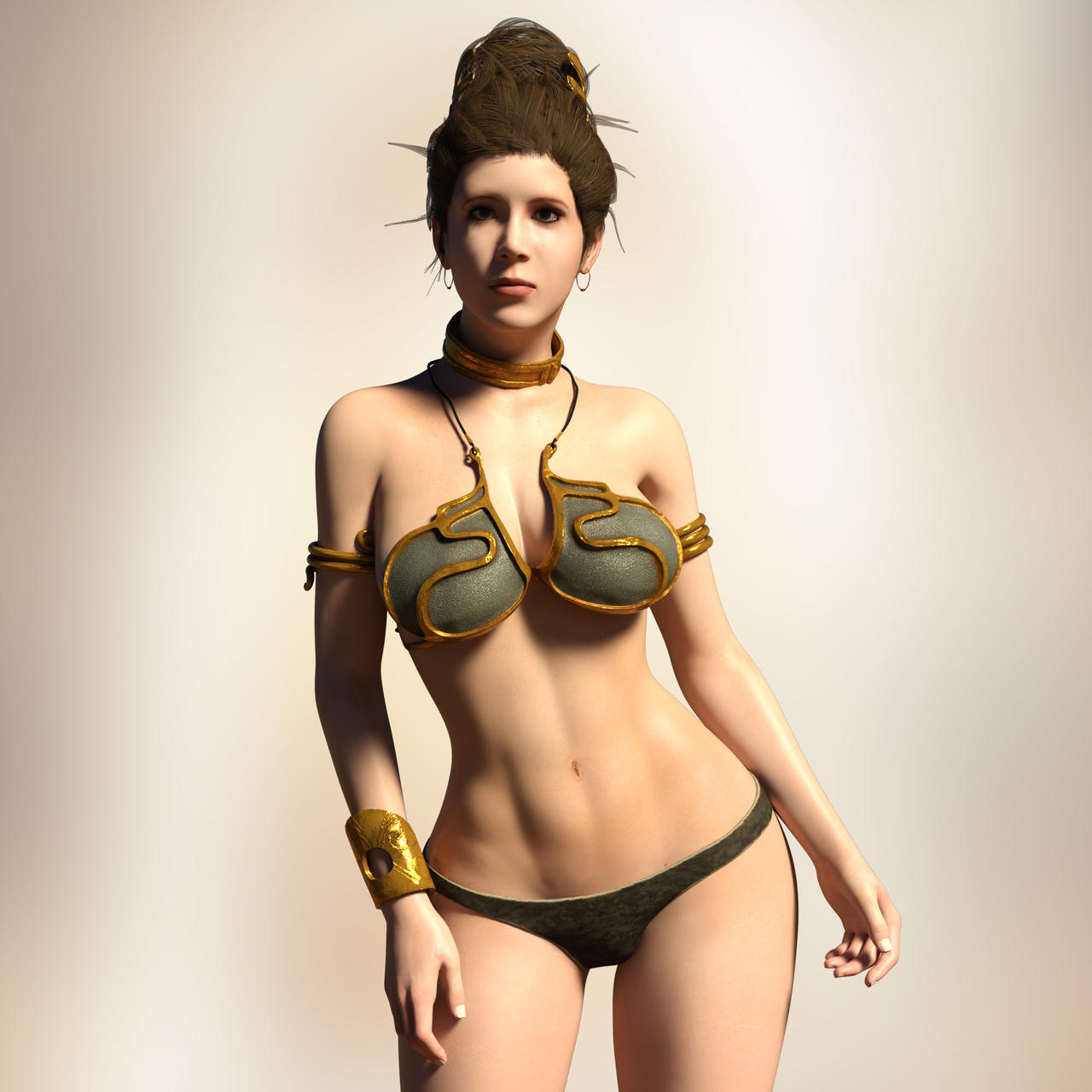 1girls 3d bikini_bottom bracelet brown_eyes brown_hair cleavage enslaved_royal female female_only fit_female hair_ornament harem_girl harem_outfit large_breasts looking_at_viewer princess_leia_organa return_of_the_jedi slave slave_bikini slave_collar slave_leia slave_outfit slavegirl solo star_wars voluptuous xialiubei