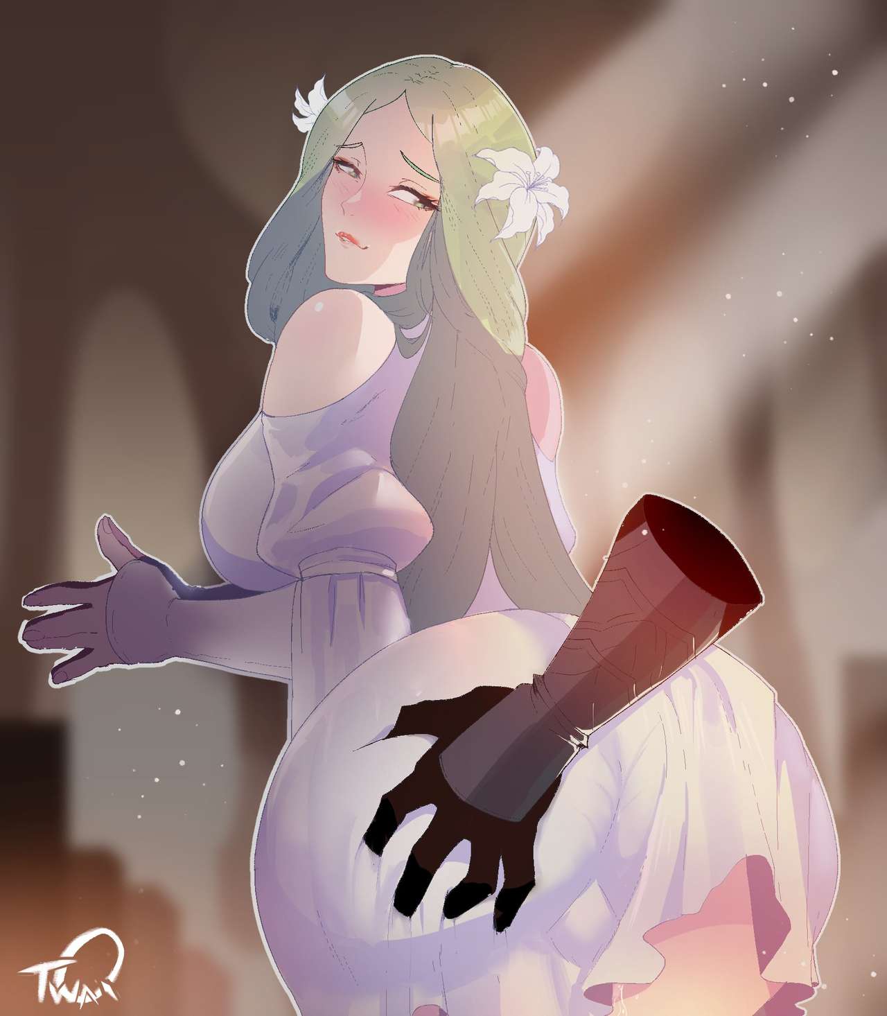 1boy, ass, ass focus, ass grab, ass worship, bad id, bad twitter id, biting, biting lip, blush, byleth (fire emblem), byleth (fire emblem) (male), female, fire emblem, fire emblem: three houses, flower, grabbing, grabbing another's ass, grabbing from behind, green eyes, green hair, groping, hair flower, hair ornament, highres, long hair, looking back, male, no panties, rhea (fire emblem), stealth ass grab, straight, teasing, thiccwithaq, tiara
