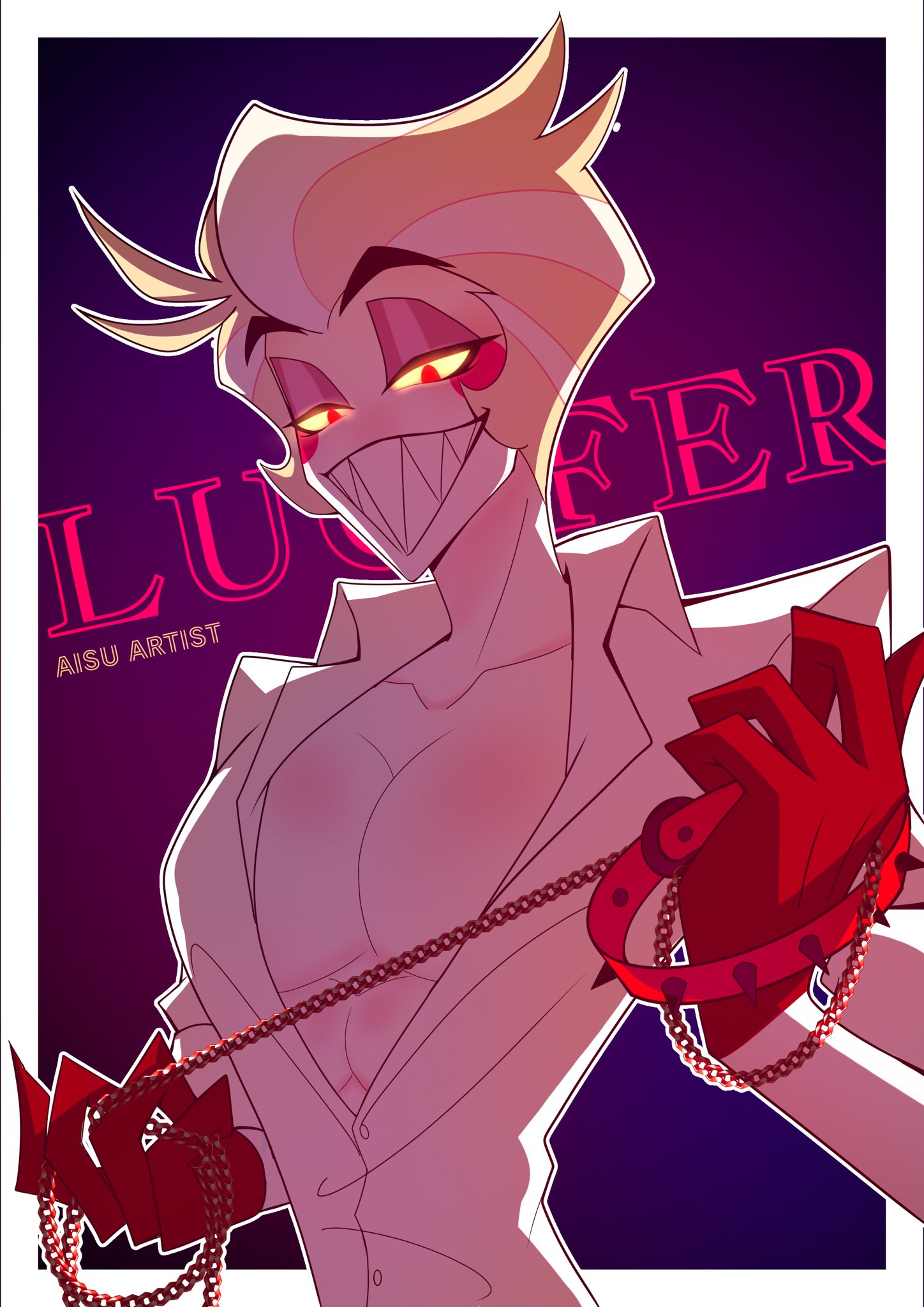 aisuartist, chest, collar, demon, hazbin hotel, leash, looking at viewer, lucifer morningstar (hazbin hotel), male, sharp teeth, shirt, smile, smiling, solo, solo focus, solo male, straight hair, white skin