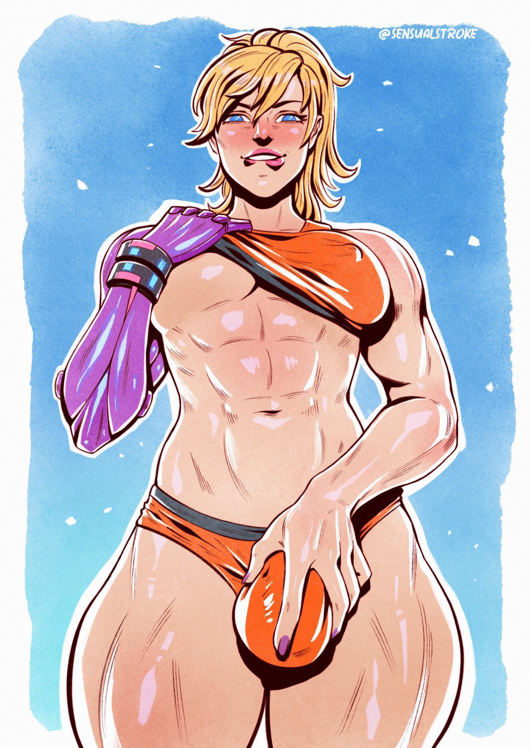 1futa, abs, balls, balls in panties, big breasts, biting lip, blonde hair, breasts, bulge, clothed, clothing, futa only, futanari, human, intersex, large breasts, light skin, light-skinned futa, looking at viewer, mostly nude, muscles, muscular, muscular futa, prosthetic, prosthetic arm, robotic arm, sensualstroke, short hair, solo, standing