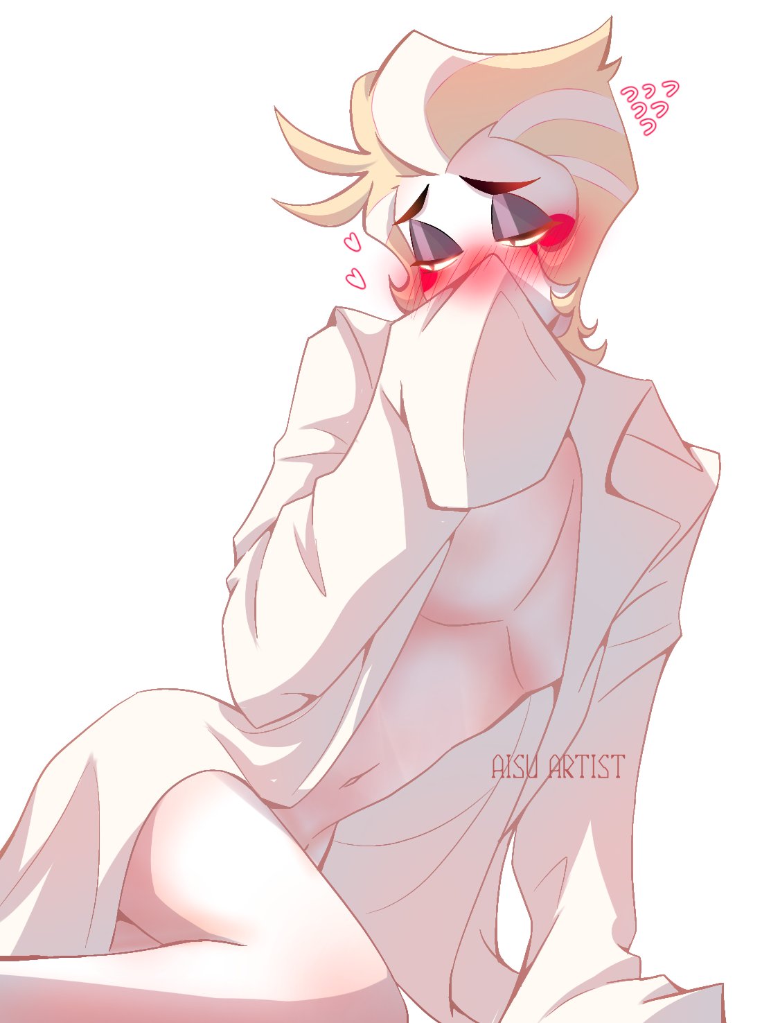 1boy, aisuartist, ass, blush, blushing, cute, hazbin hotel, looking away, lucifer morningstar (hazbin hotel), male, mostly nude, pose, shirt, shy, smooth skin, solo, solo focus, solo male, thighs, white background, white skin