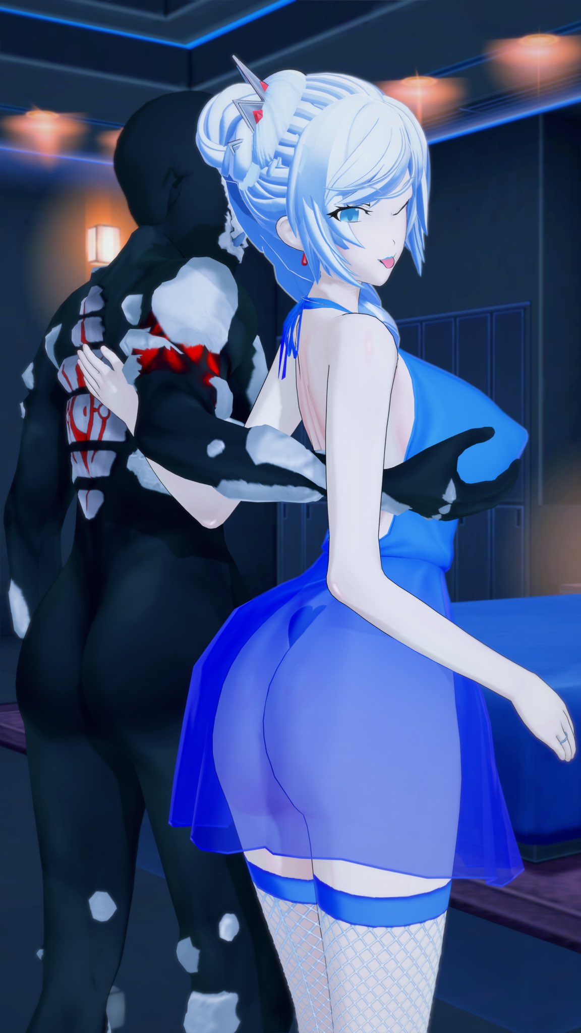 3d blue_dress blue_eyes breast_grab grimm_(rwby) ricochet3d rwby weiss_schnee white_hair