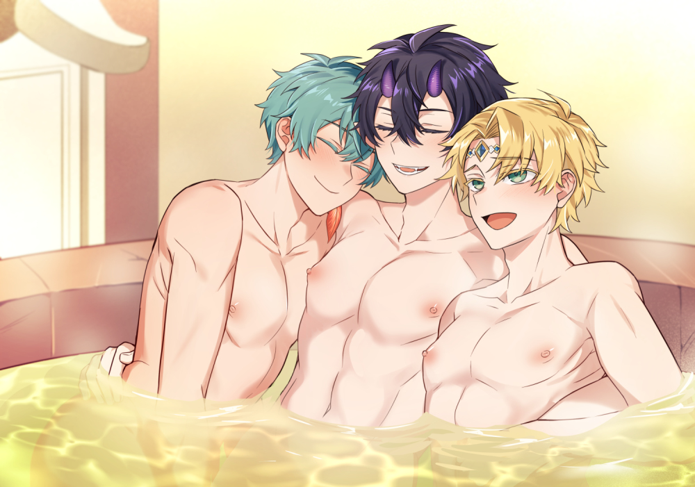 3boys after_sex closed_eyes cuddling fangs green_eyes green_hair in_tub in_water nude purple_hair yaoi