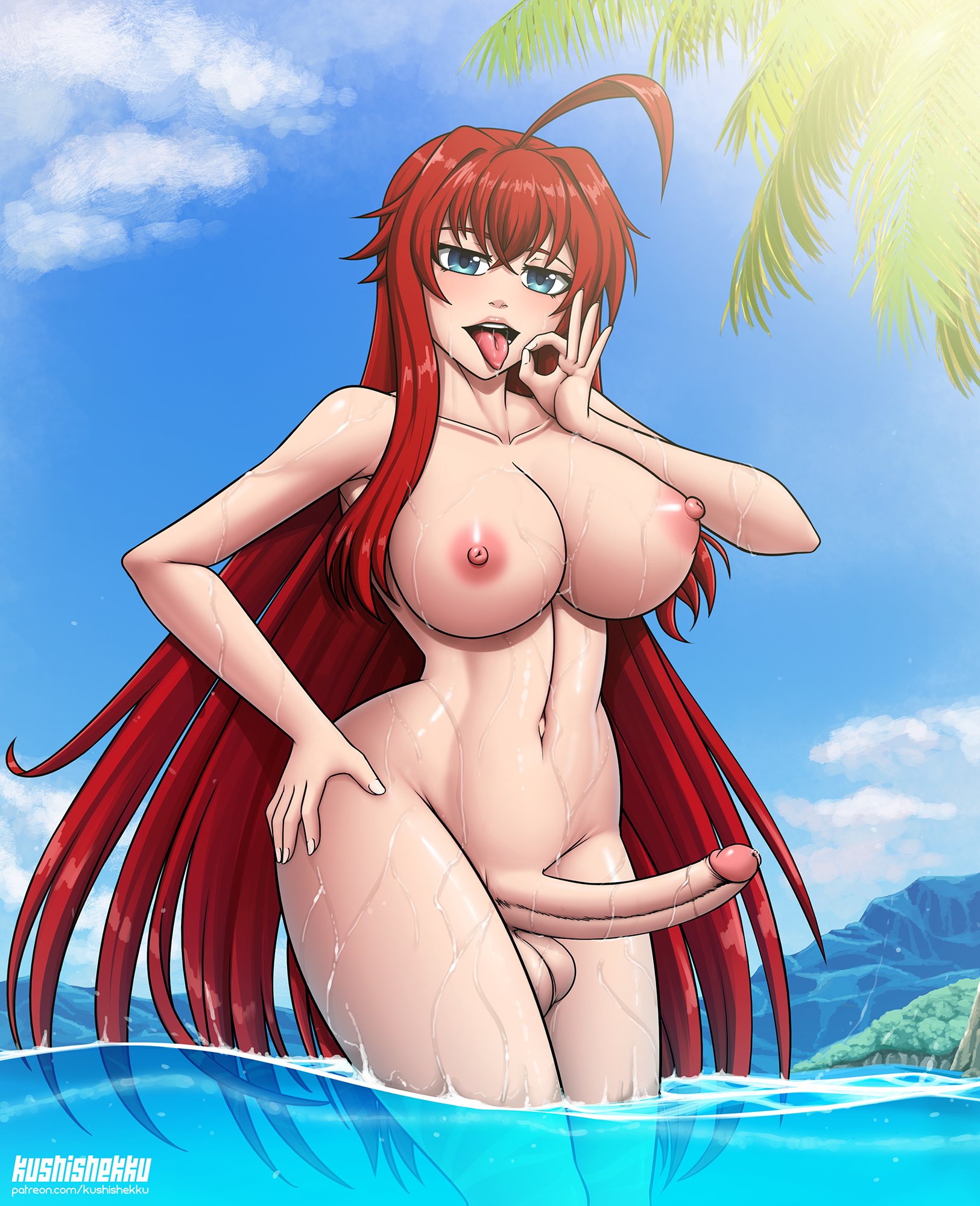 1futa, ahoge, areolae, balls, beach, big breasts, big penis, blowjob gesture, breasts, detailed background, erection, fellatio gesture, futa only, futanari, high school dxd, human, intersex, kushishekku, light skin, light-skinned futa, nipples, nude, partially submerged, penis, red hair, rias gremory, solo, standing, thick thighs, water, wide hips