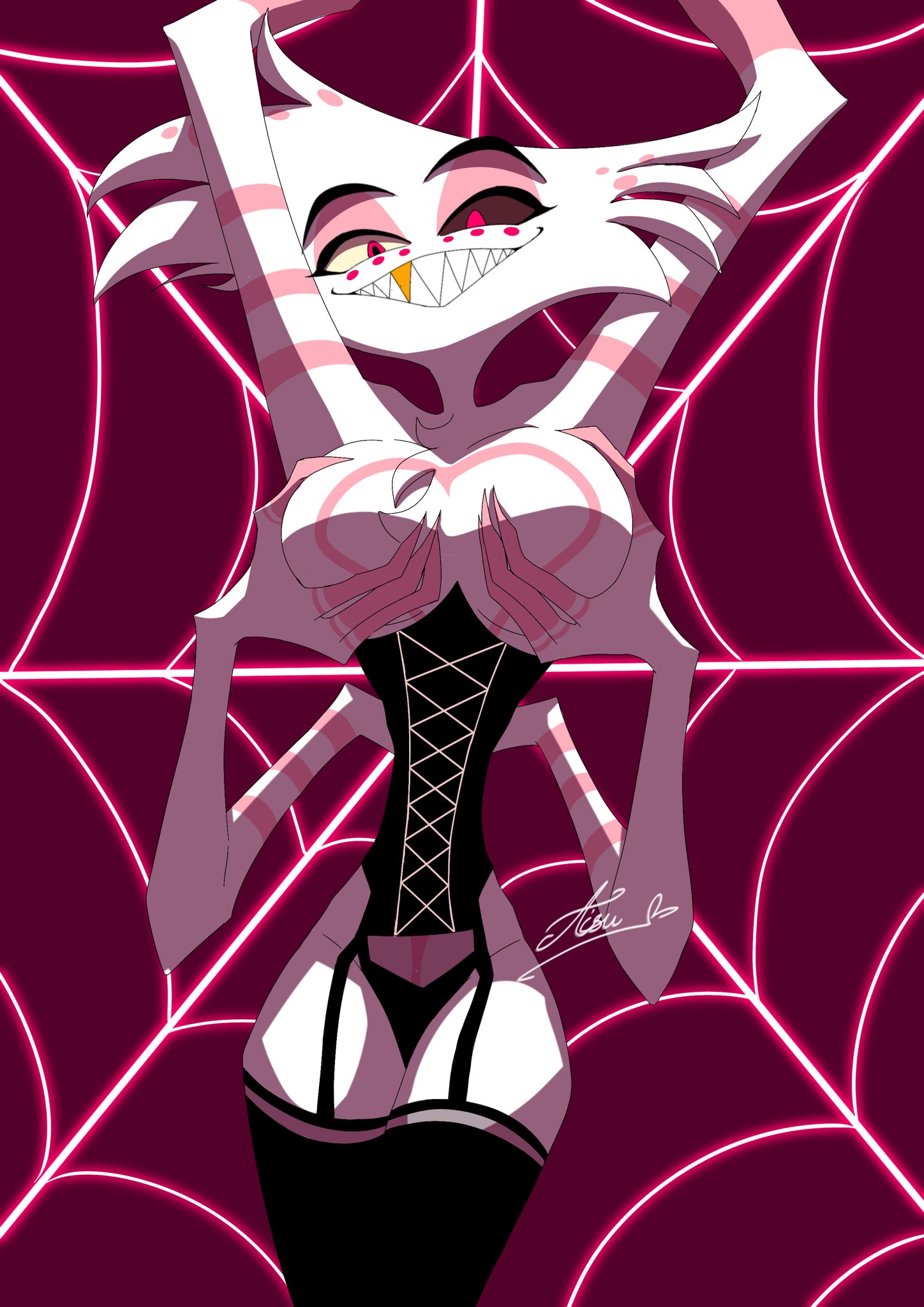 1boy, aisuartist, angel dust (hazbin hotel), arachnid, chest tuft, corset, demon, femboy, hazbin hotel, looking at viewer, male, male only, panties, smile, smiling, solo, solo focus, solo male, spider, thick thighs, thighs, wide hips