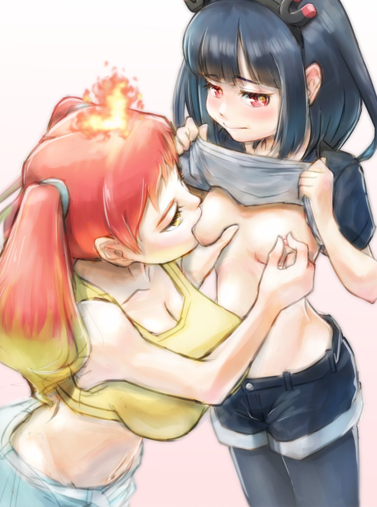 2girls atimu black_hair blush clothing fire headband hikasa_tomoshika jitomi_monoe large_breasts lesbian multiple_girls pinching_nipples red_eyes red_hair shirt shirt_lift small_breasts sucking sucking_nipples twintails virtual_youtuber voms_project yellow_eyes yuri