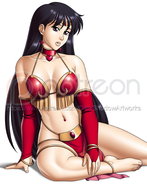 1girls belly_dancer belly_dancer_outfit bishoujo_senshi_sailor_moon black_hair brown_eyes cleavage clothing detached_sleeves female female_only harem_girl harem_outfit loincloth long_hair looking_at_viewer medium_breasts rei_hino sailor_mars sitting small_breasts solo thedarkness tiara watermark