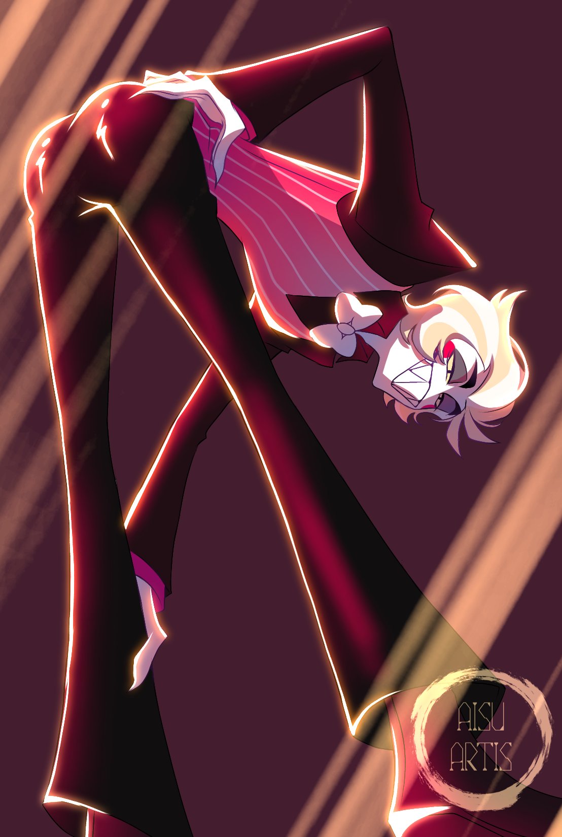 1boy, aisuartist, ass, bent over, demon, hazbin hotel, looking at viewer, lucifer morningstar (hazbin hotel), male, male only, sharp teeth, smile, smiling, smooth skin, solo, solo focus, thighs, tight clothing