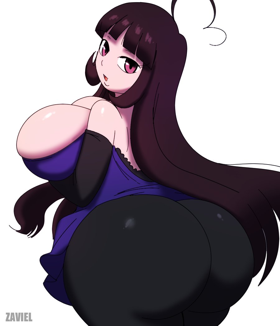 1girls ahoge art_trade ass big_ass big_breasts big_butt breasts brunette bubble_butt butt clothing dat_ass female female_only huge_ass huge_butt jessica_(rubylust) long_hair looking_at_viewer looking_back pink_eyes solo thick_thighs wide_hips zaviel