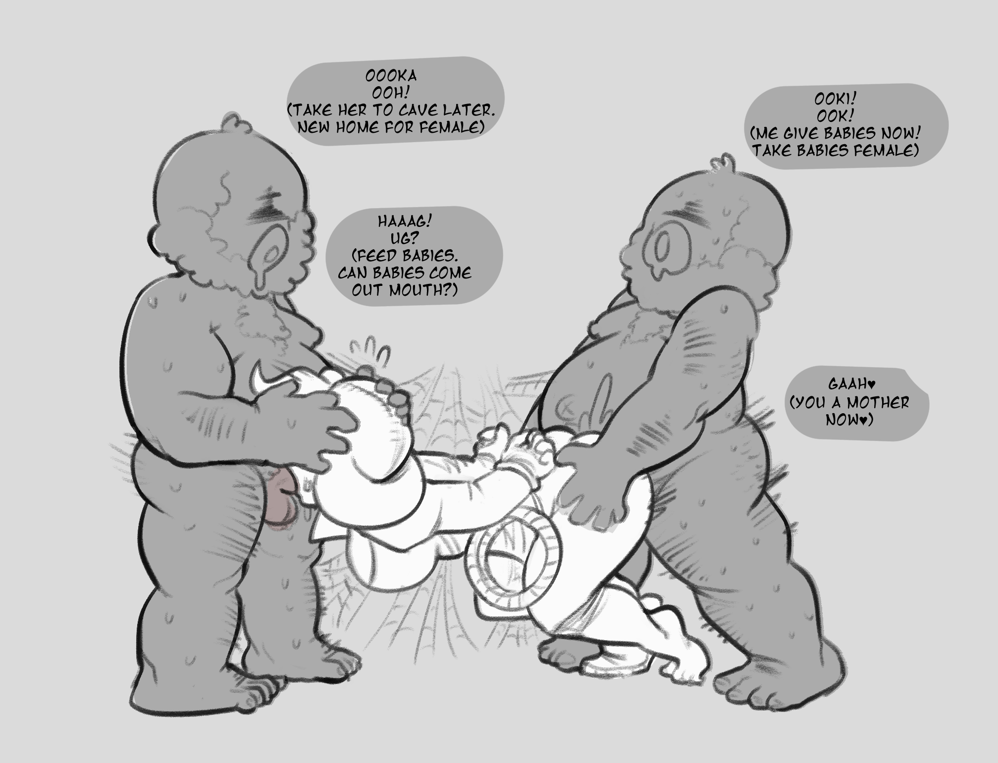 1girls, 2boys, anal, anal penetration, anal sex, anal spitroast, ass, barefoot, blowjob, bondage, cum, cum in ass, cum in mouth, cum inside, deep blowjob, deepthroat, demi von diamonds, drooling, english text, face fucking, feet, fellatio, female, fuck and suck, full body, grey background, impregnation, irrumatio, lilmoonie, male, mmf threesome, nonconsensual, oral, oral penetration, oral sex, penis, rape, simple background, speech bubble, spelunky, spelunky 2, spider web, spitroast, sweat, sweating, threesome, throat fuck, trapped, uncensored, web