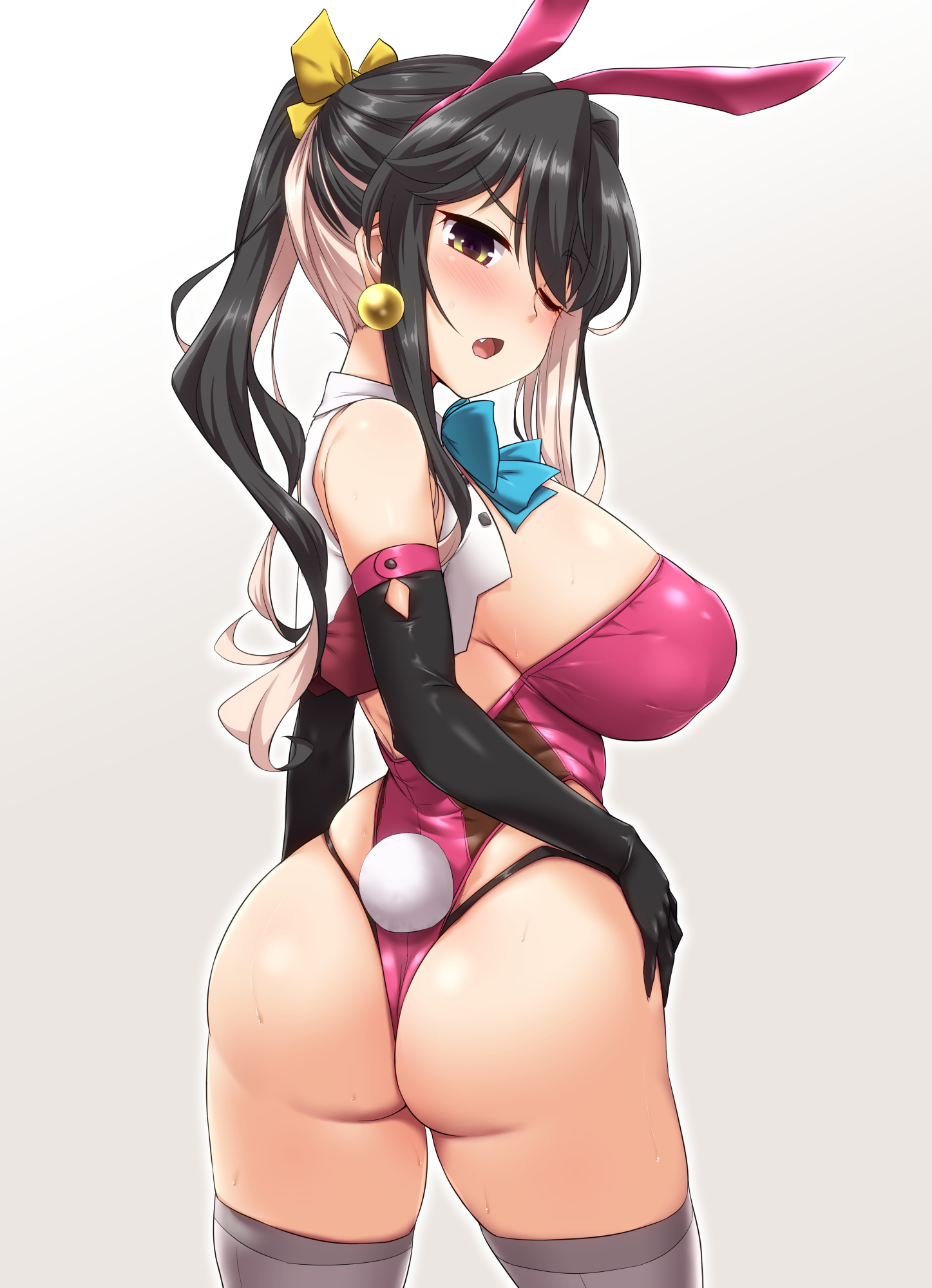 animal ears, ass, black gloves, black hair, bow, breasts, elbow gloves, fake animal ears, fake tail, female, from behind, gloves, grey thighhighs, hairbow, highres, kantai collection, large breasts, leotard, long hair, looking at viewer, looking back, multicolored hair, naganami (kantai collection), oerba yun fang, one eye closed, open mouth, pink hair, pink leotard, playboy bunny, ponytail, rabbit ears, rabbit tail, simple background, solo, sweat, tail, thighhighs, thighs, thong leotard, yellow bow, yoshi tama