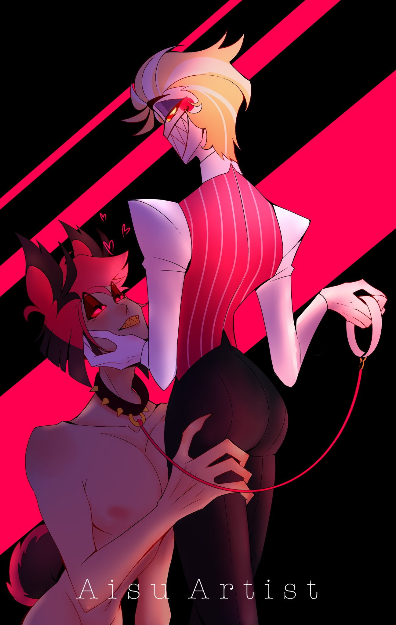 2boys, aisuartist, alastor (hazbin hotel), ass, collar, gay, hazbin hotel, kneeling, leash, lucifer morningstar (hazbin hotel), male, male only, male/male, naked, nude, on knees, radioapple, sharp teeth, smile, smiling, smooth skin, suit, yaoi
