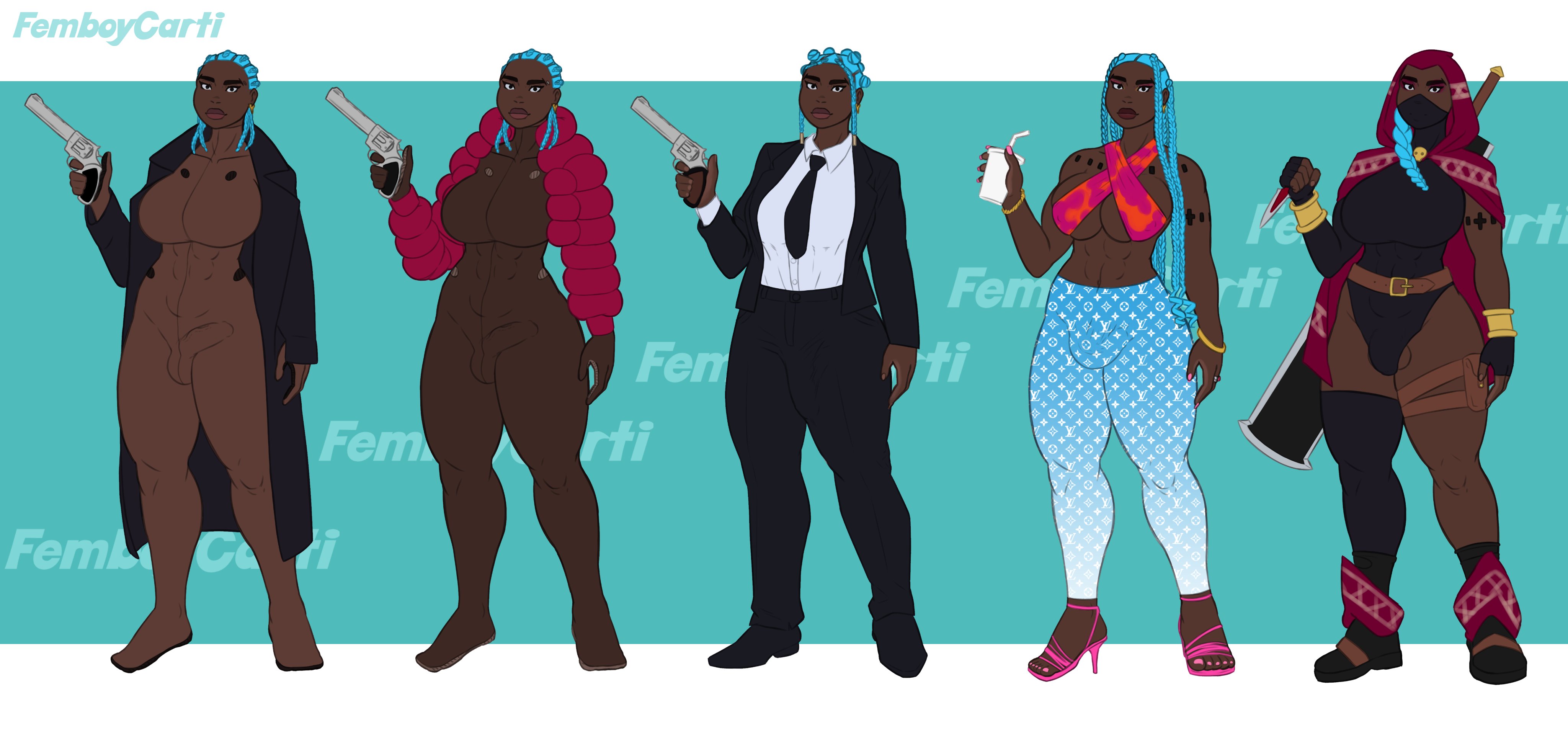 1futa, alternate costume, bad trigger discipline, big breasts, big penis, bodysuit, breasts, bulge, casual, clothed, clothing, dark skin, dark-skinned futa, femboycarti, firearm, flaccid, full body, fully clothed, futa only, futanari, gun, handgun, hood, human, humanoid penis, intersex, leotard, lineup, outerwear, penis, revolver, solo, standing, suit, tagme, weapon