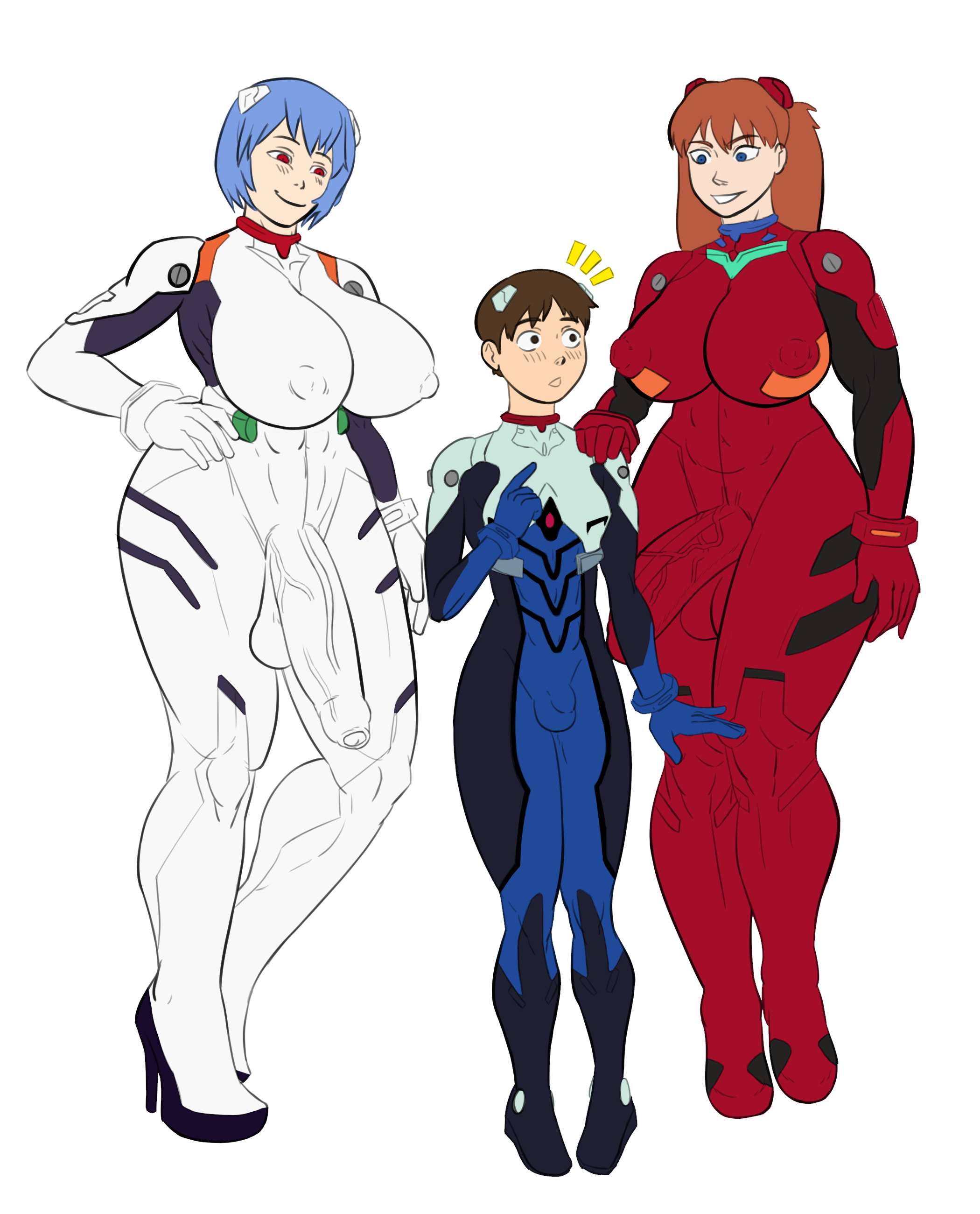 1boy, 2020, 2futas, asuka langley sohryu, balls, big breasts, blue hair, bodysuit, breasts, clothed, clothing, dickgirl, erect nipples, erect nipples under clothes, femboycarti, fully clothed, futadom, futanari, genitalwear, huge cock, human, intersex, large breasts, large penis, larger futa, latex, latex armwear, latex ass, latex bodysuit, latex breasts, latex clothing, latex futa, latex gloves, latex legwear, latex nipples, latex skin, latex skinsuit, latex stockings, latex suit, latex thighhighs, light skin, light-skinned futa, light-skinned male, long hair, male, neon genesis evangelion, nipples, orange hair, pale skin, penis, pilot suit, plugsuit, rei ayanami, shinji ikari, short hair, size difference, smaller male, standing, tagme, testicles, thick thighs, veiny penis, wide hips