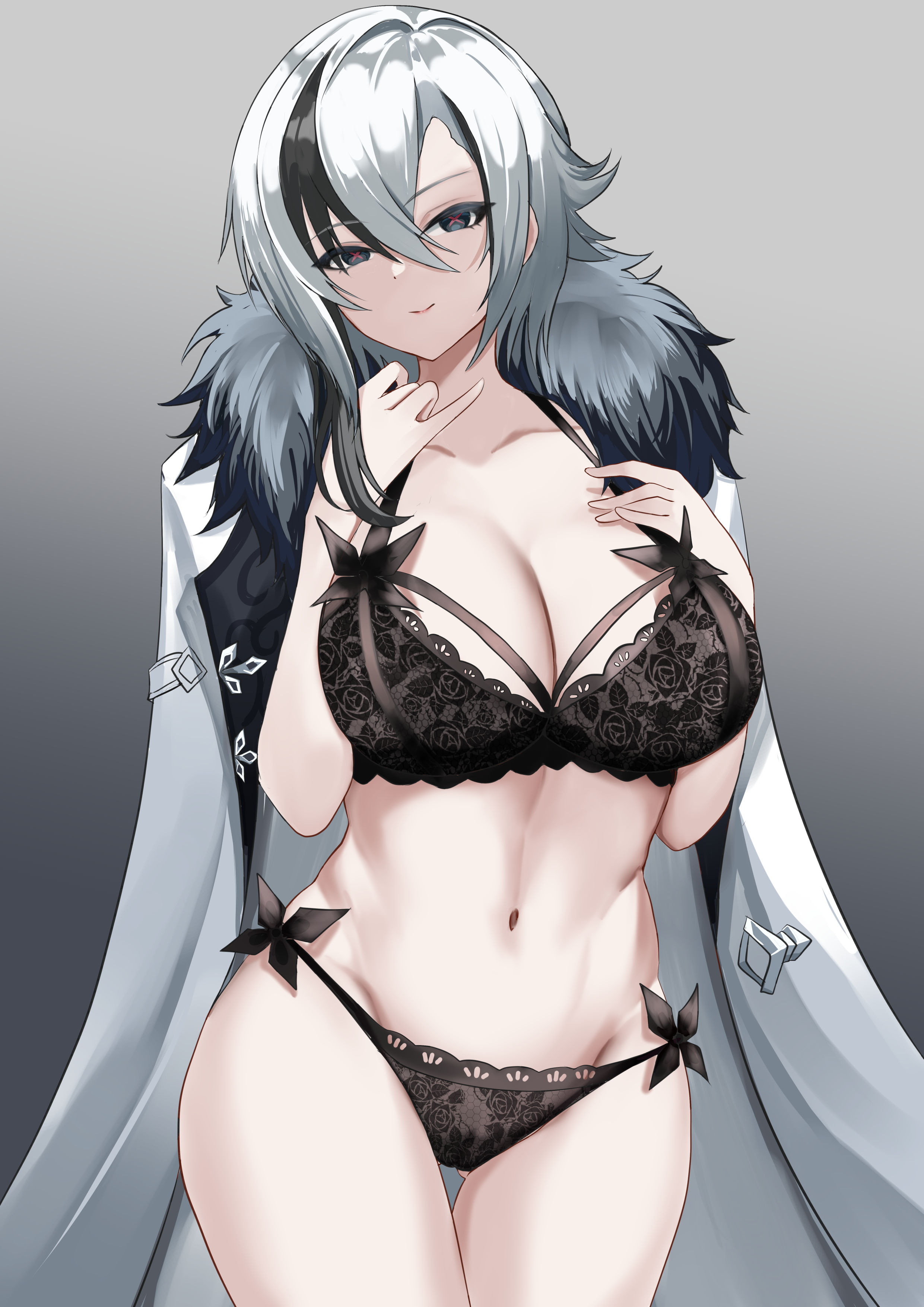 absurdres, arlecchino (genshin impact), bangs, black bra, black hair, black panties, blush, bra, breasts, cleavage, coat, coat on shoulders, collarbone, female, fur trim, fur-trimmed coat, genshin impact, grey eyes, grey hair, hair between eyes, highres, large breasts, looking at viewer, multicolored hair, navel, panties, red pupils, short hair, smile, solo, streaked hair, symbol-shaped pupils, thighs, tian kazuki, underwear, white coat, x-shaped pupils