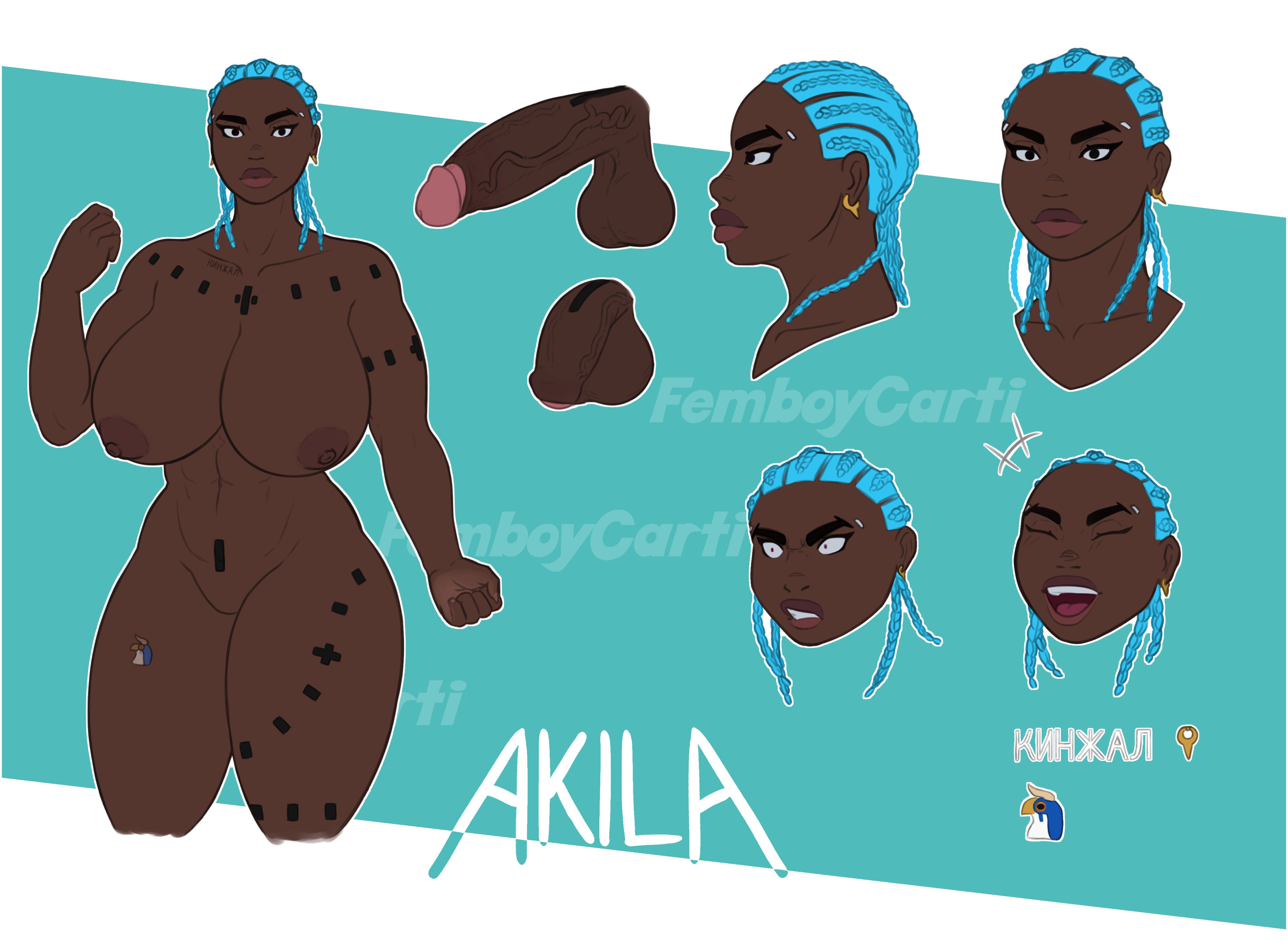 1futa, 1girls, akita (femboycarti), areolae, big, blue hair, breasts, character sheet, cornrows, dark skin, dark-skinned female, english text, female, femboycarti, futanari, human, intersex, looking at viewer, nipples, nude, original character, penis, reference sheet, standing, text