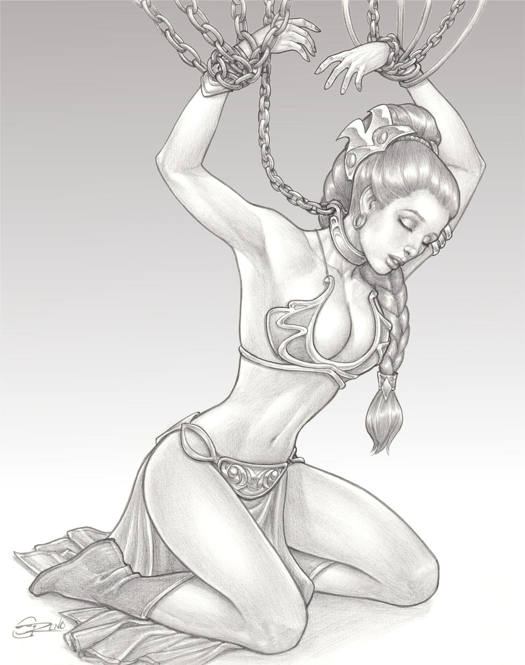 belly_dancer belly_dancer_outfit bondage boots bound braided_hair chained chains cleavage closed_eyes collar female female_only femsub hair_ornament harem_girl harem_outfit kneeling loincloth long_hair metal_collar princess_leia_organa slave slave_bikini slave_collar slave_leia slave_outfit slavegirl sleeping star_wars steveoreno