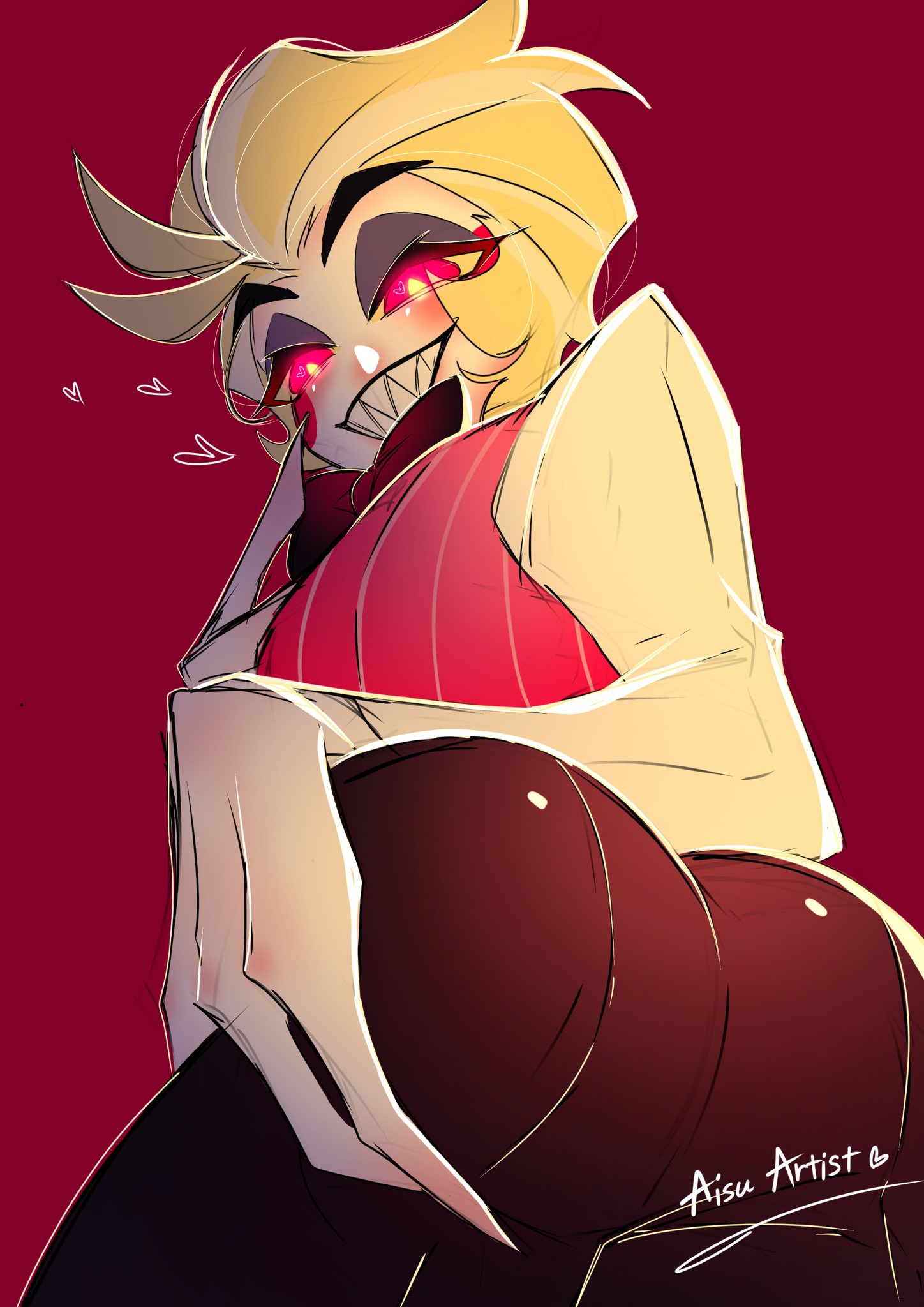 1boy, aisuartist, ass, big ass, big butt, bubble ass, bubble butt, hand on ass, hazbin hotel, looking at viewer, looking down, lucifer morningstar (hazbin hotel), male, sharp teeth, smile, smooth skin, solo, solo focus, solo male