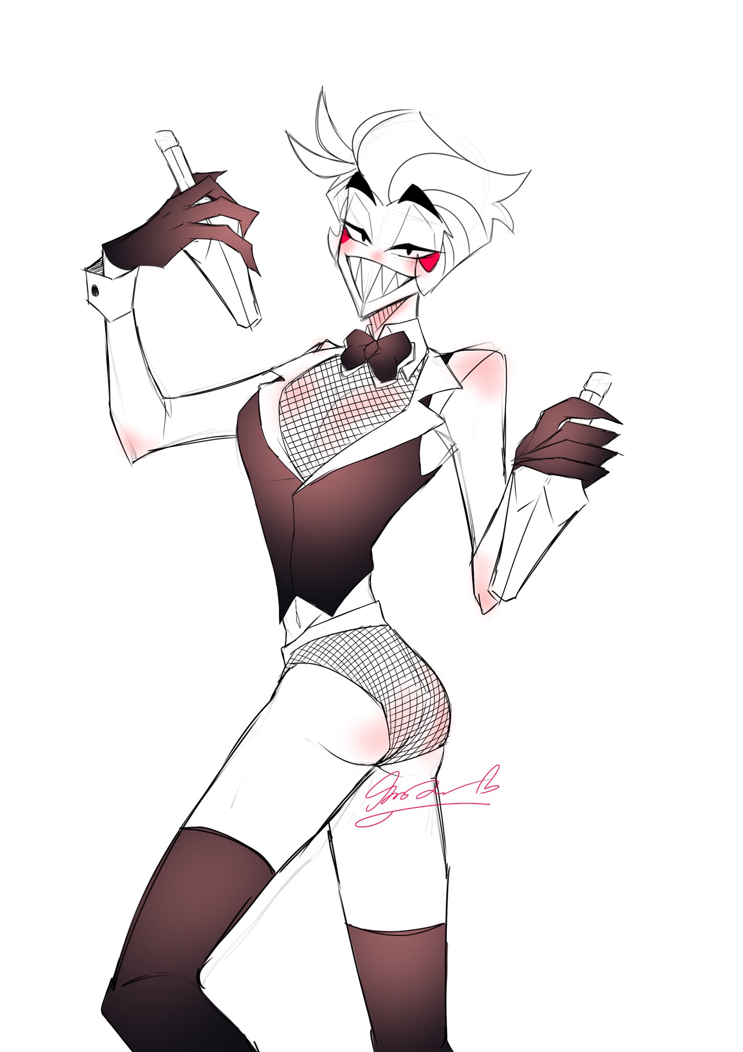 1boy, aisuartist, ass, fishnets, hazbin hotel, looking back, lucifer morningstar (hazbin hotel), male, sharp teeth, smile, smiling, smooth skin, solo, solo focus, solo male, thighhighs, underwear