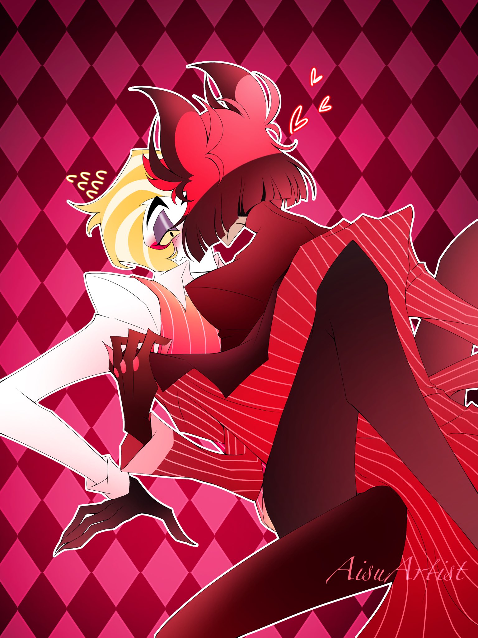 2boys, aisuartist, alastor (hazbin hotel), blush, demon, gay, hazbin hotel, lucifer morningstar (hazbin hotel), male, radioapple, smooth skin, spread legs, tight clothing, undressing, white skin, yaoi