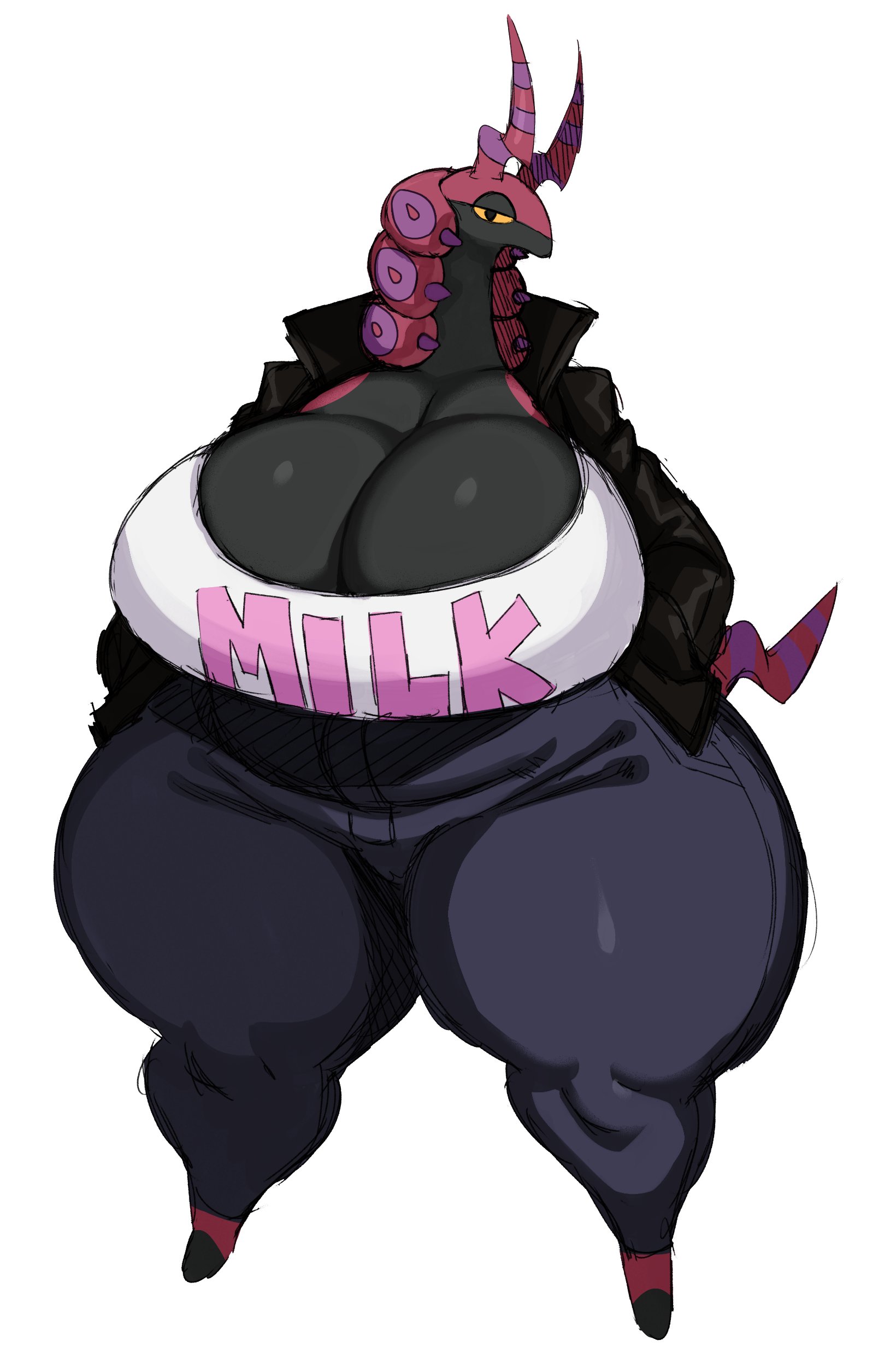1girls, anthro, bbw, big breasts, breasts, chubby, chubby female, cleavage, clothing, female, female focus, female only, furry, furry only, hands in pockets, huge breasts, jacket, jeans, large breasts, looking at viewer, nintendo, pants, pokémon (species), pokemon, pokemon (species), scolipede, shirt, solo, sssonic2, text, text on clothing, thick thighs, thighs, wide hips