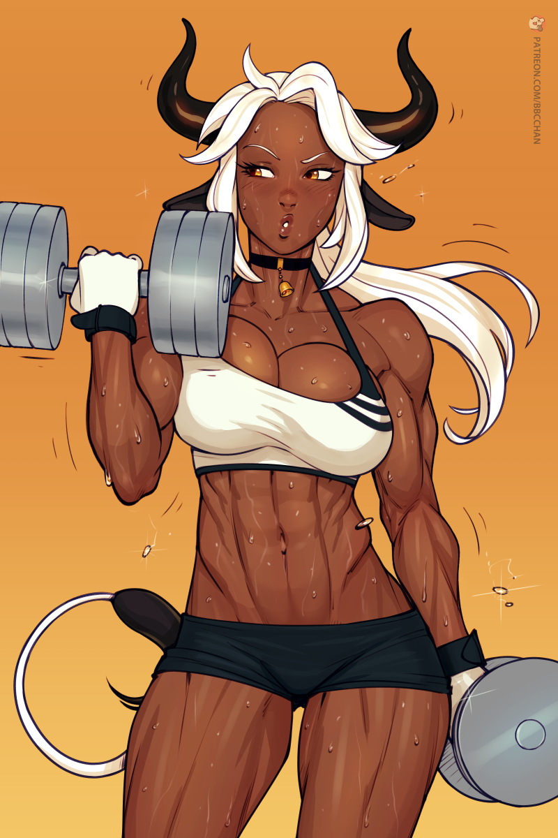 1girls abs animal_ears bbc-chan big_breasts breasts cow_girl dark-skinned_female dark_skin female female_only horns large_breasts muscles muscular muscular_female panties solo weightlifting weights