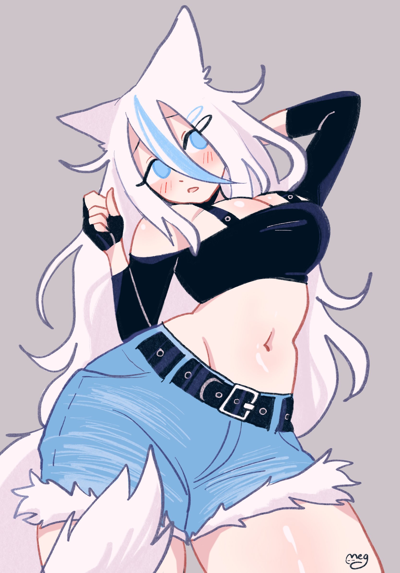 1girls, 2d, blue eyes, blue highlights, blush, breasts, cat ears, cleavage, clothed, cute, cutoffs, female, female only, fingerless gloves, hand behind head, large breasts, light skin, light-skinned female, long hair, megrocks, navel, original, original character, pale skin, pale-skinned female, shorts, solo, thick thighs, very long hair, watermark, white hair