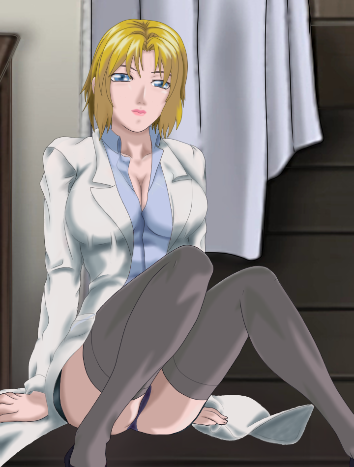 bible_black blonde_hair blue_eyes breasts dress head_on kitami_reika kneeling large_breasts lips nipples nurse open_hands school_nurse shin_bible_black shoes skirt witch