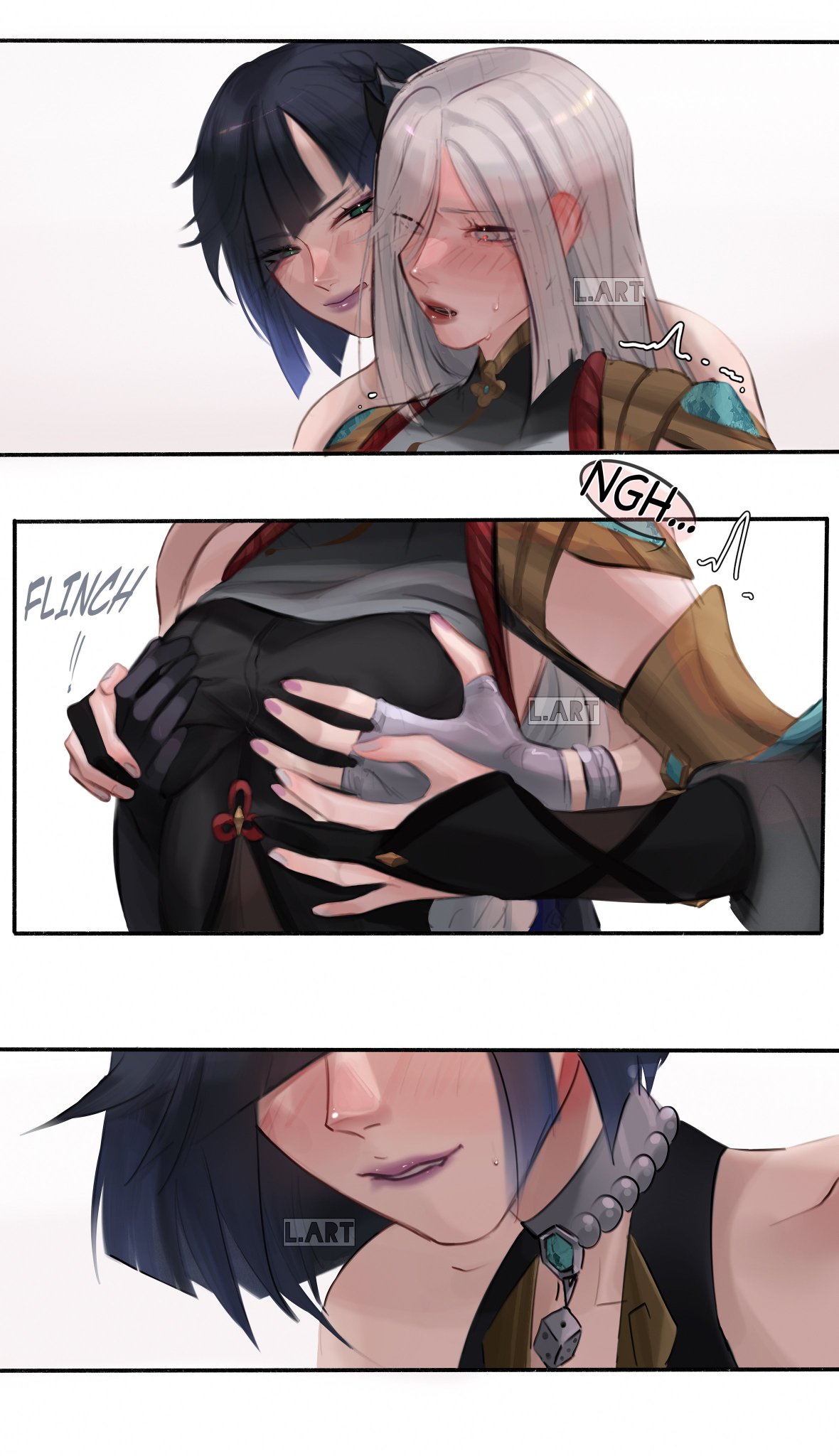 2girls, black hair, blush, breasts, erect nipples under clothes, female, female only, fondling, fondling breast, genshin impact, groping, groping breast, groping from behind, groping through clothes, lips parted, one eye closed, painted nails, pinching nipples, shenhe (genshin impact), silver hair, smirking, yelan (genshin impact), yuri