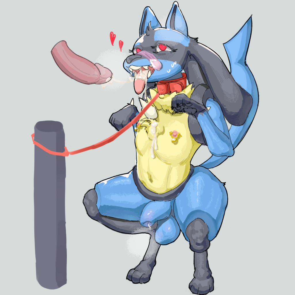 anthro balls blue_body bodily_fluids bondage bound cum cum_on_face disembodied_penis dumato duo genital_fluids genitals humanoid_genitalia humanoid_penis licking lucario male male/male nintendo penis pokemon pokemon_(species) tongue tongue_out video_games