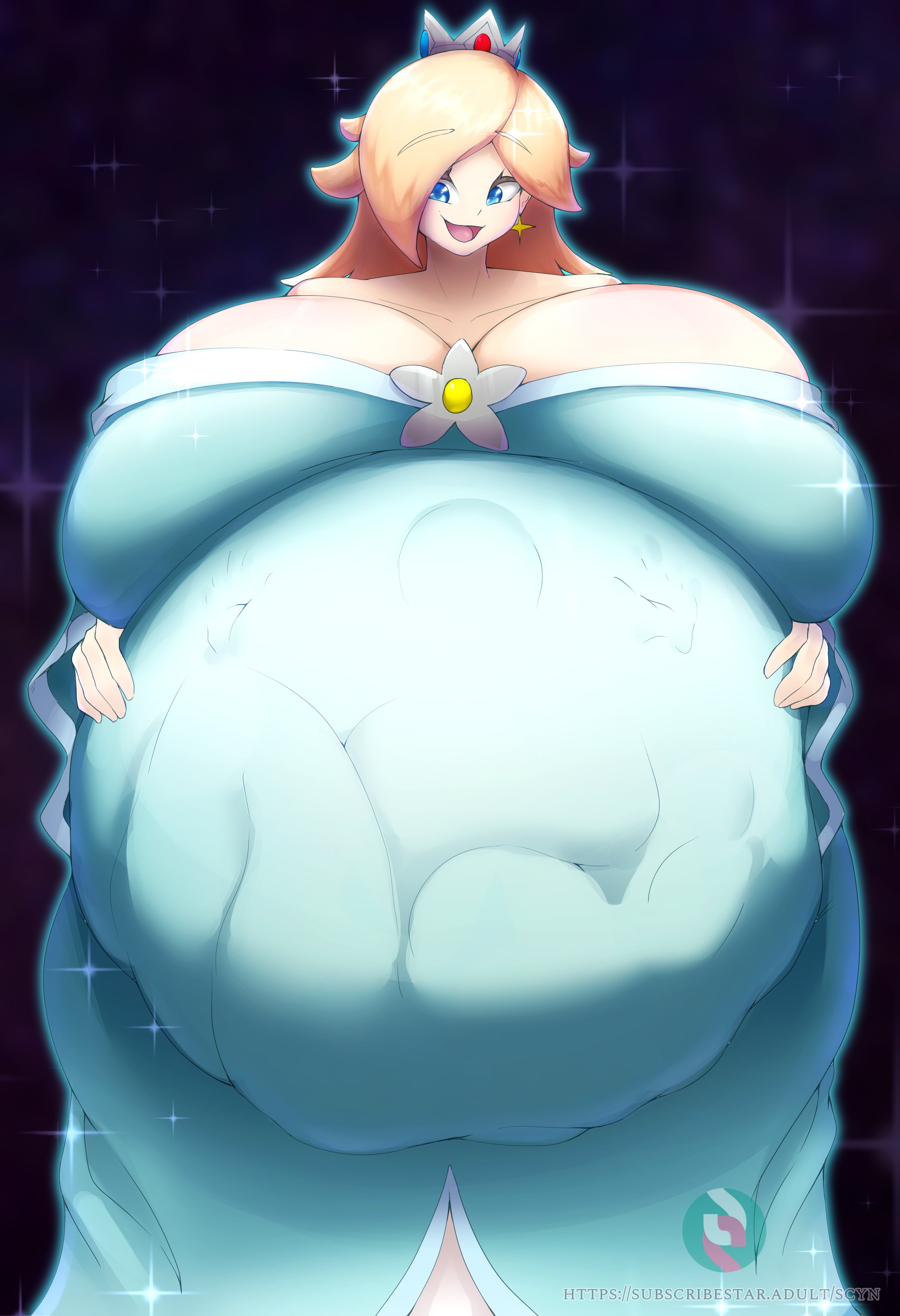 bangs, bbw, big breasts, blonde hair, breasts, chubby, cleavage, crown, fat, female, large breasts, mario (series), princess rosalina, scynyara, super mario galaxy, tagme, tight clothing, vore