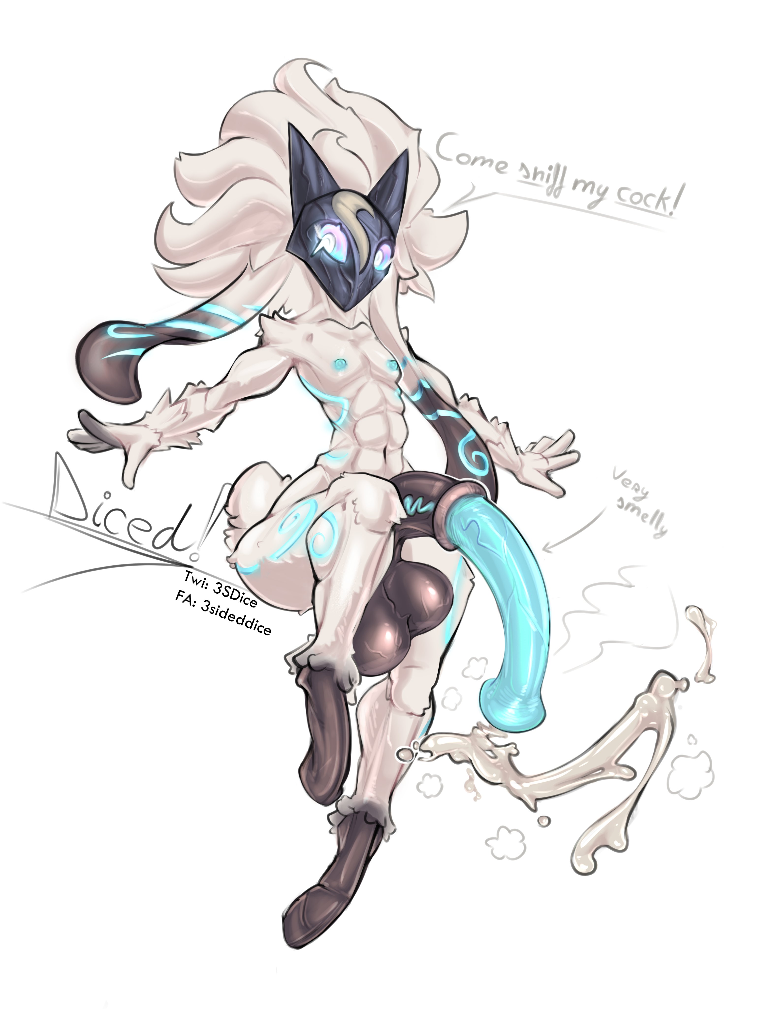 1boy, 3sdice, balls, blue nipples, blue penis, breasts, femboy, furry, half-erect, hooves, horsecock, huge balls, huge cock, huge testicles, hung trap, kindred, lamb (league of legends), large breasts, large penis, league of legends, long hair, male, male focus, male only, mask, navel, nipples, nude, penis, riot games, rule 63, solo, tattoo, testicles, white body, white fur, white hair