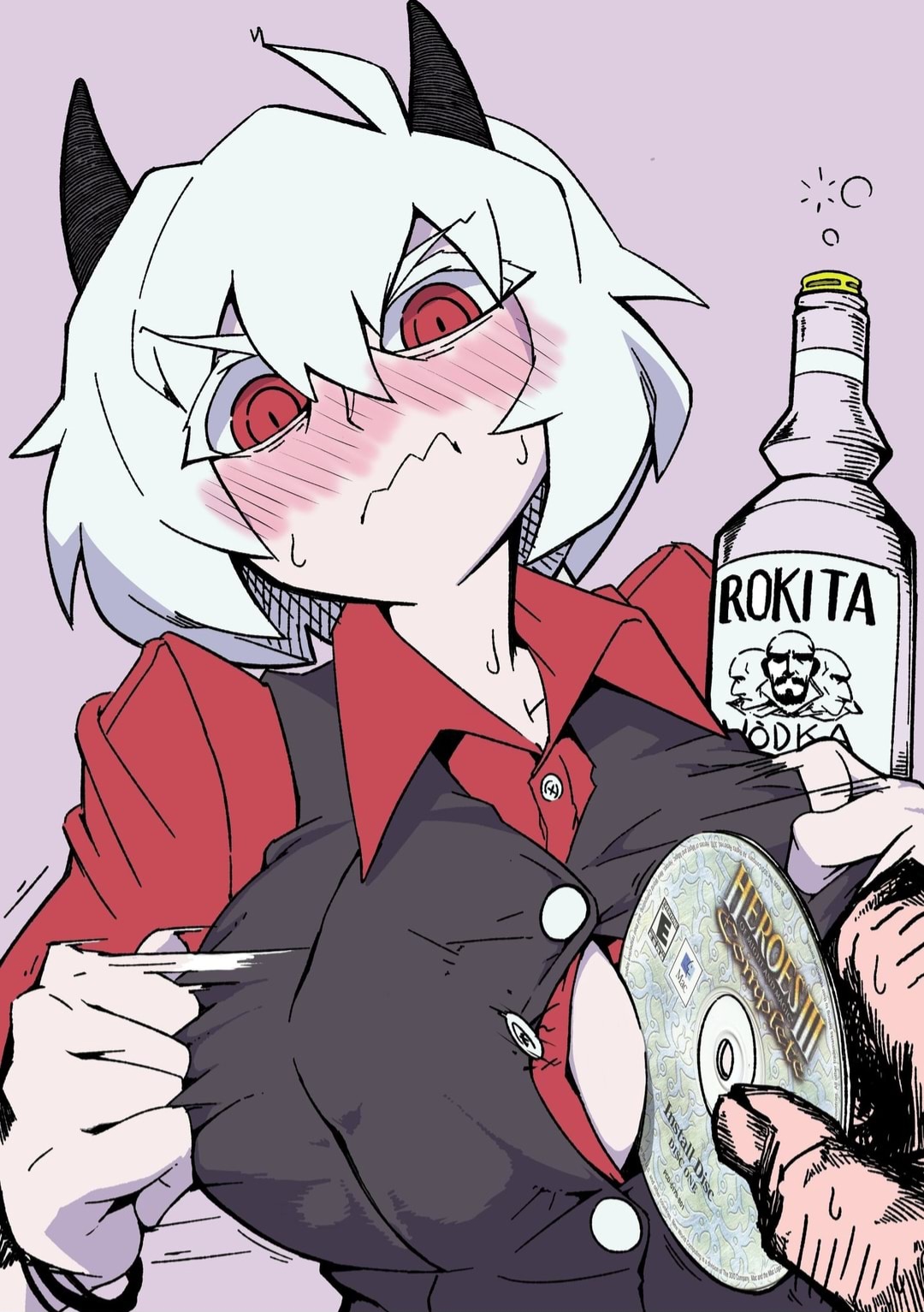 artist request, blush, breasts, colored, edit, female, helltaker, heroes of might and magic iii, horns, malina (helltaker), red eyes, sister plz, sweat, vodka, white hair