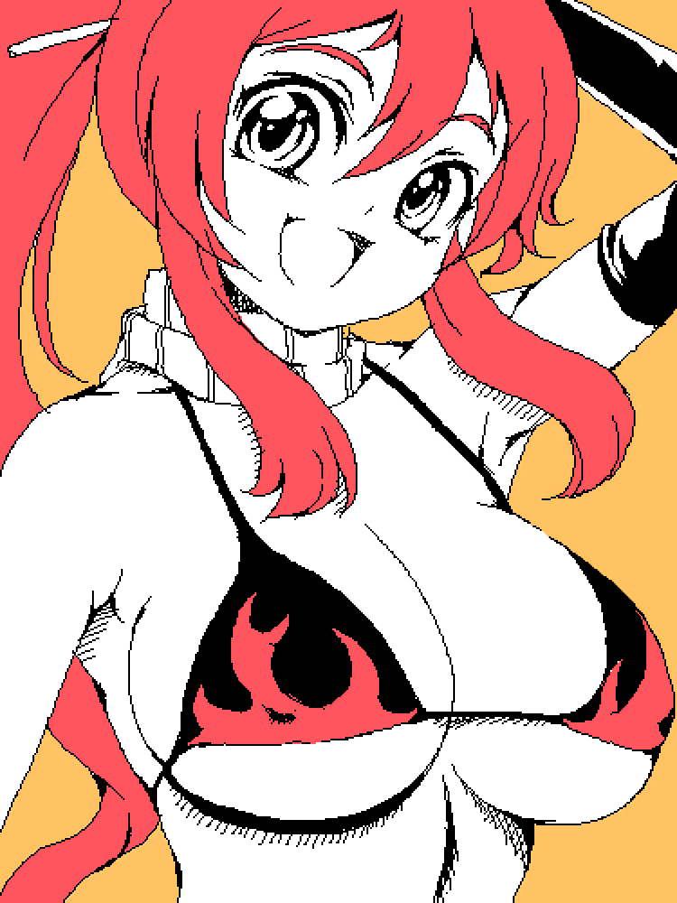 1girls arm_behind_head armpits big_breasts bikini bikini_top_only breast_focus breasts busty cleavage colored_skin elbow_gloves female female_only gloves kasanui large_breasts long_hair lowres oekaki ponytail pose red_hair scarf smile solo swimsuit tengen_toppa_gurren_lagann underboob white_skin yoko_littner