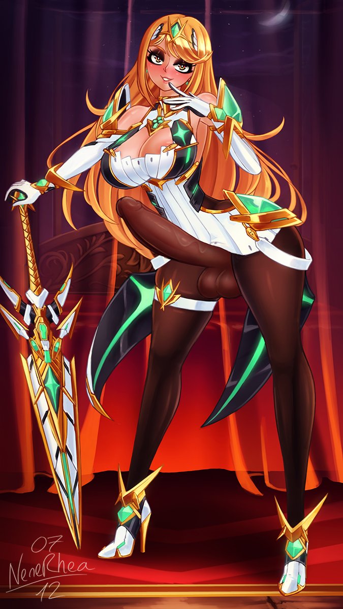 1futa balls big_balls big_breasts big_penis blonde_hair breasts cleavage clothed clothing erect_penis erection erection_under_clothes fully_clothed futa_only futanari high_heels huge_cock human light-skinned_futanari light_skin long_hair mythra nenerhea pantyhose penis penis_under_pantyhose solo solo_futa standing tenting testicles xenoblade_(series) xenoblade_chronicles_2