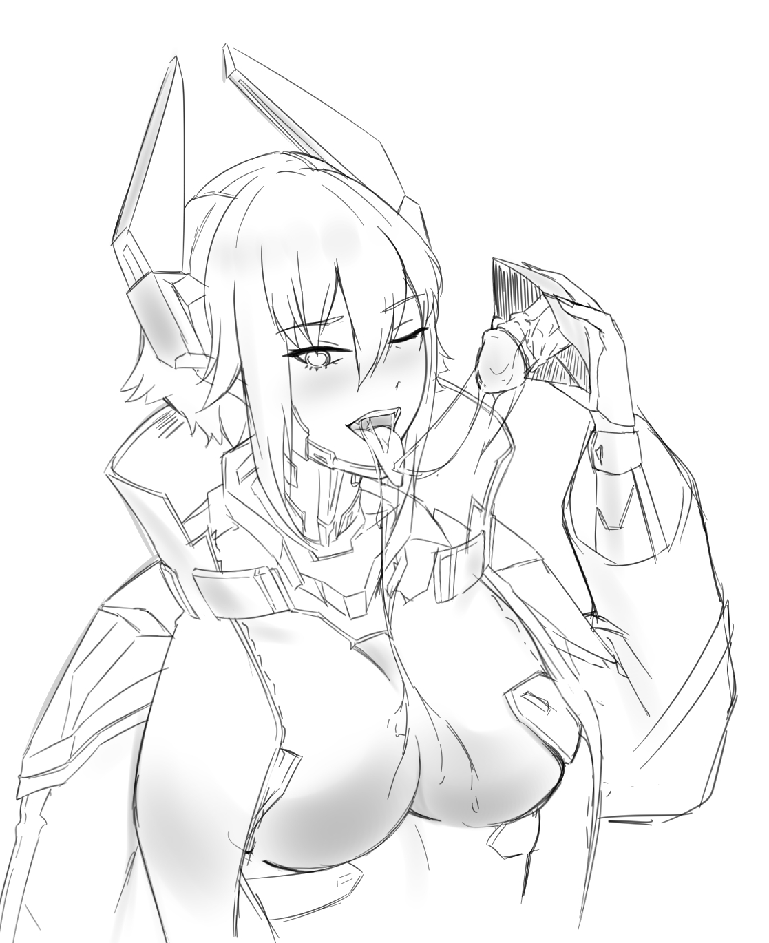 1girls, anonymous artist, antennae, artist request, big breasts, black and white, blowjob, blush, blushing at viewer, breasts, cyborg, dildo, dildo gag, dildo mask, exoskeleton, female, female only, gagged (willingly), horns, jacket, line art, looking at viewer, male, mask, one eye closed, penis, prosthetic, prosthetic arm, prosthetic limb, robot, robot girl, saliva, saliva on breasts, saliva on dildo, saliva on penis, saliva string, saliva trail, short hair, solo, solo female, tongue, tongue out, virtual youtuber, vshojo, wink, winking at viewer, zentreya, zentreya (cyborg)