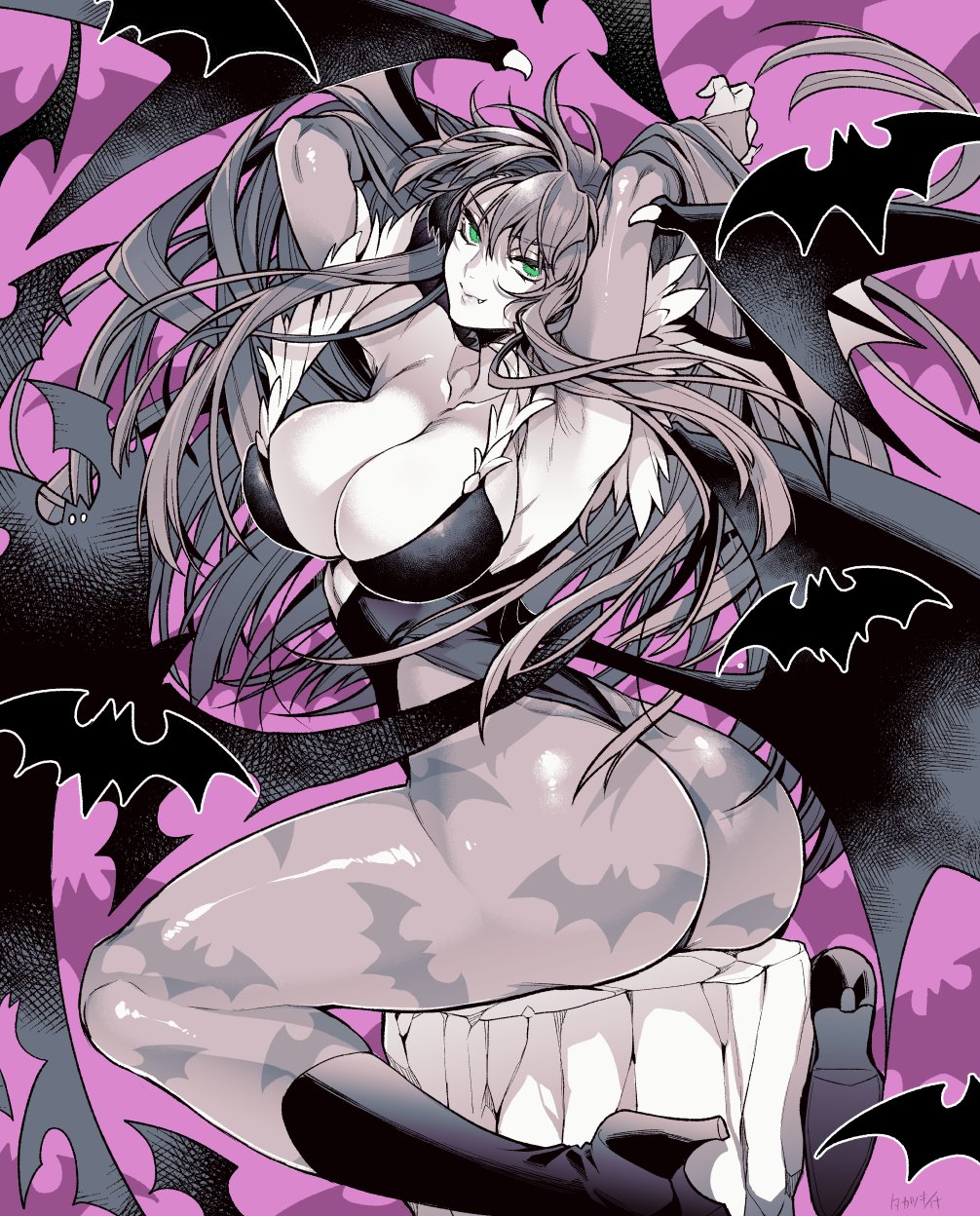 1girls animal_print armpits arms_behind_head ass bat bat_background bat_print bat_wings big_ass big_breasts boots breasts bubble_butt busty capcom cleavage clothing clothing_cutout commentary_request darkstalkers dat_ass demon_girl female female_only head_wings heart_cutout high_heel_boots high_heels highres large_breasts leotard long_hair looking_at_viewer looking_back low_wings monochrome morrigan_aensland oerba_yun_fang pantyhose pose posing print_legwear seductive seductive_smile sensual sitting smile solo takatsuki_ichi voluptuous wings