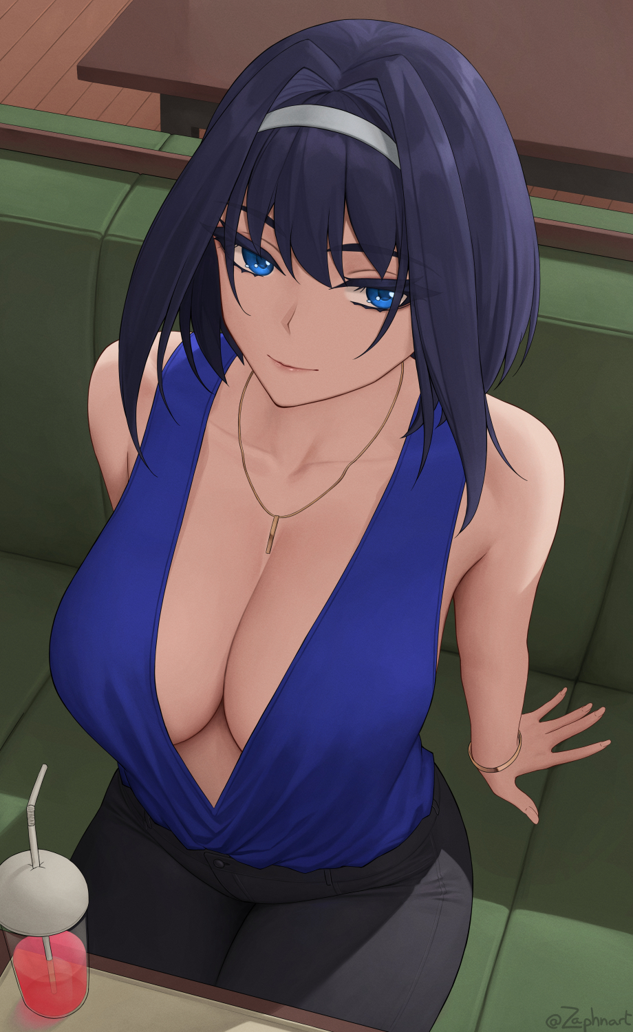 1girls, 2022, artist signature, blue eyes, blue hair, breasts, casual clothes, cleavage, clothed, clothed female, female, female only, hips, hololive, hololive english, hololive english -council-, hololive english -promise-, huge breasts, indoors, looking at viewer, ouro kronii, short hair, slim waist, smile, virtual youtuber, wide hips, zaphn