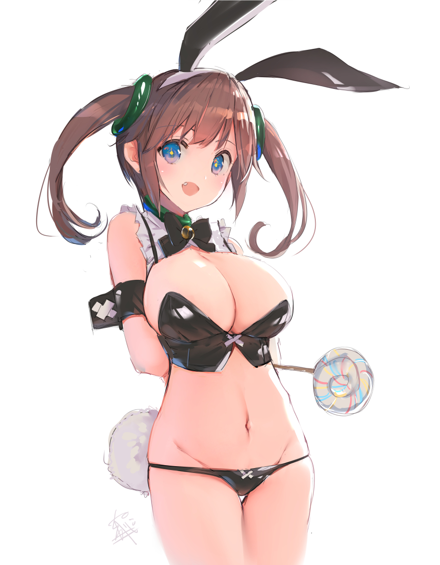 blue_eyes brown_hair bunny_ears bunny_tail bunnysuit cleavage cute_fang large_breasts midriff minori_(senran_kagura) senran_kagura shortstack twintails yaegashi_nan