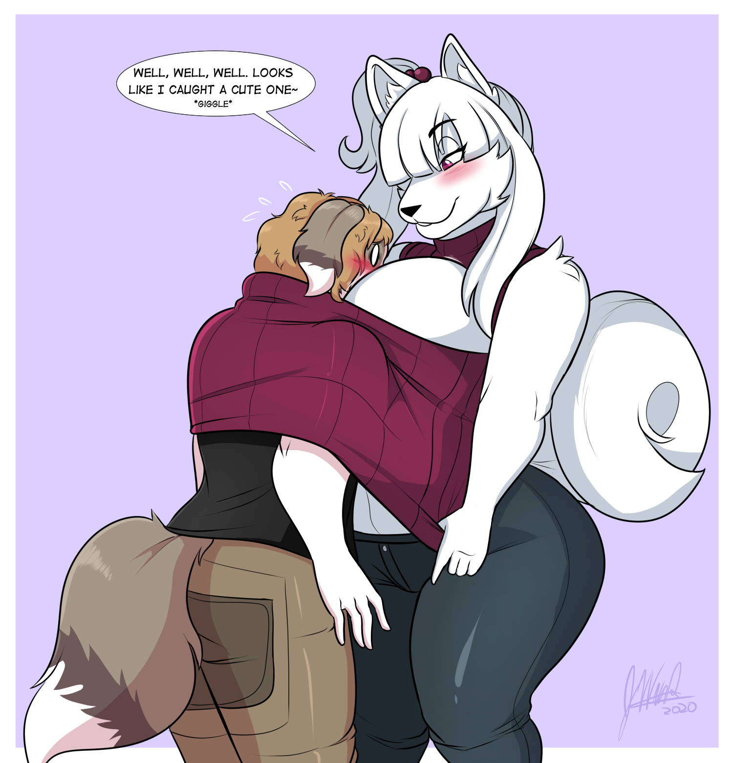 1boy, 1girls, anthro, artjwink, breast smother, breasts, dialogue, female, female focus, furry, hair over one eye, jwinkz, male, male/female, original, original character, original characters, sammy (jwinkz), shared clothes, smothering, speech bubble, text, trapped in clothing