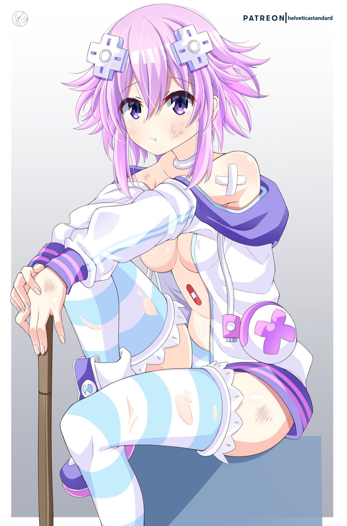 1girls alternate_breast_size bandaid beaten big_breasts blush breasts busty cleavage convenient_censoring defeat female female_only helvetica_std injury large_breasts legs looking_at_viewer neptune_(neptunia) neptunia_(series) open_mouth panties pout purple_eyes purple_hair short_hair sitting solo sword thighs torn_clothes underwear weapon wooden_sword