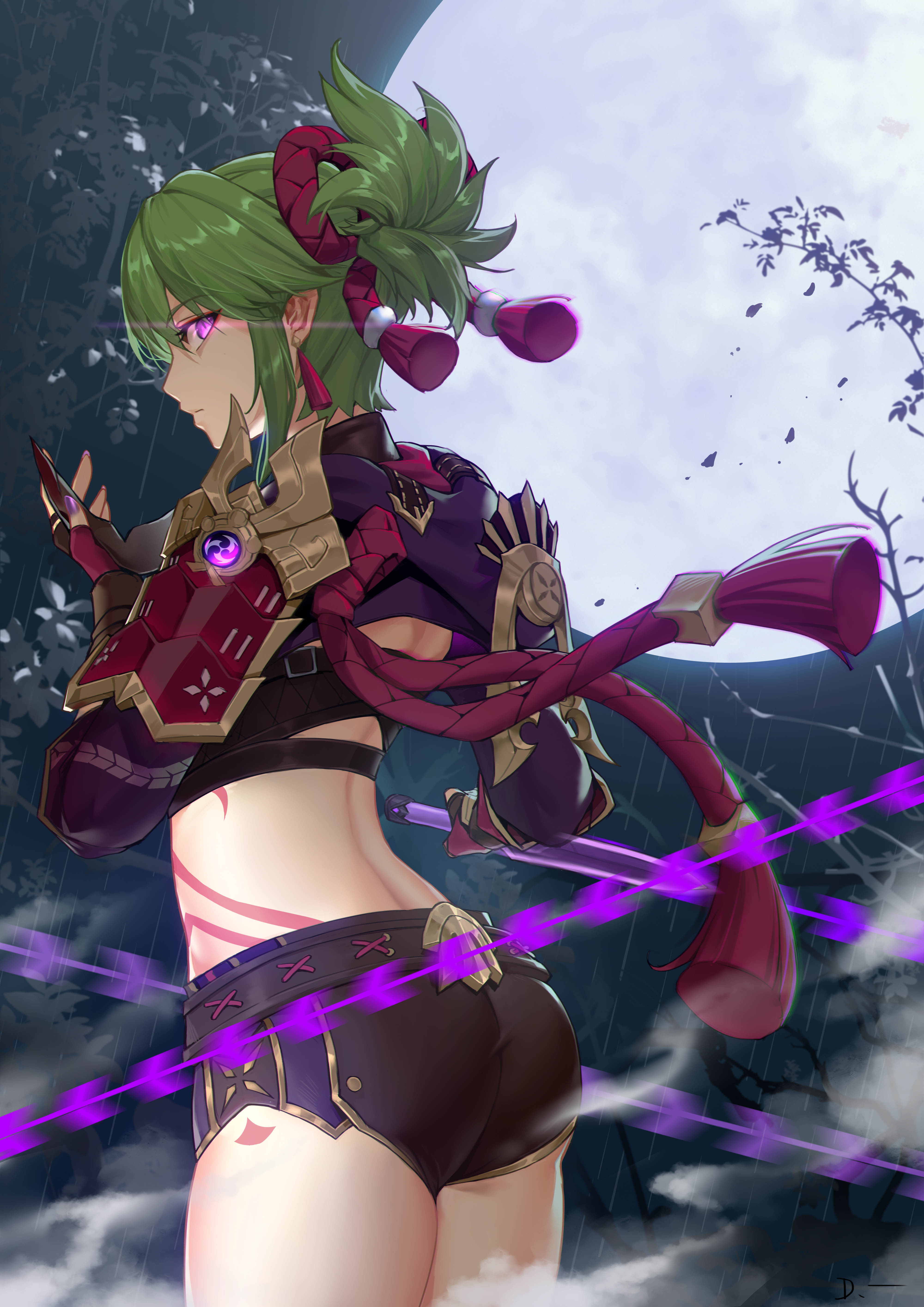 absurdres, armor, ass, back, black shorts, body markings, closed mouth, crop top, earrings, female, fingerless gloves, from behind, genshin impact, gloves, green hair, highres, holding, holding mask, holding weapon, jewelry, kuki shinobu, linreplica, looking at viewer, mask, mask removed, midriff, nail polish, outdoors, ponytail, purple eyes, purple nails, rope, shimenawa, short shorts, shorts, shoulder armor, sideways glance, solo, standing, tassel, tassel earrings, thighs, vision (genshin impact), weapon, wind