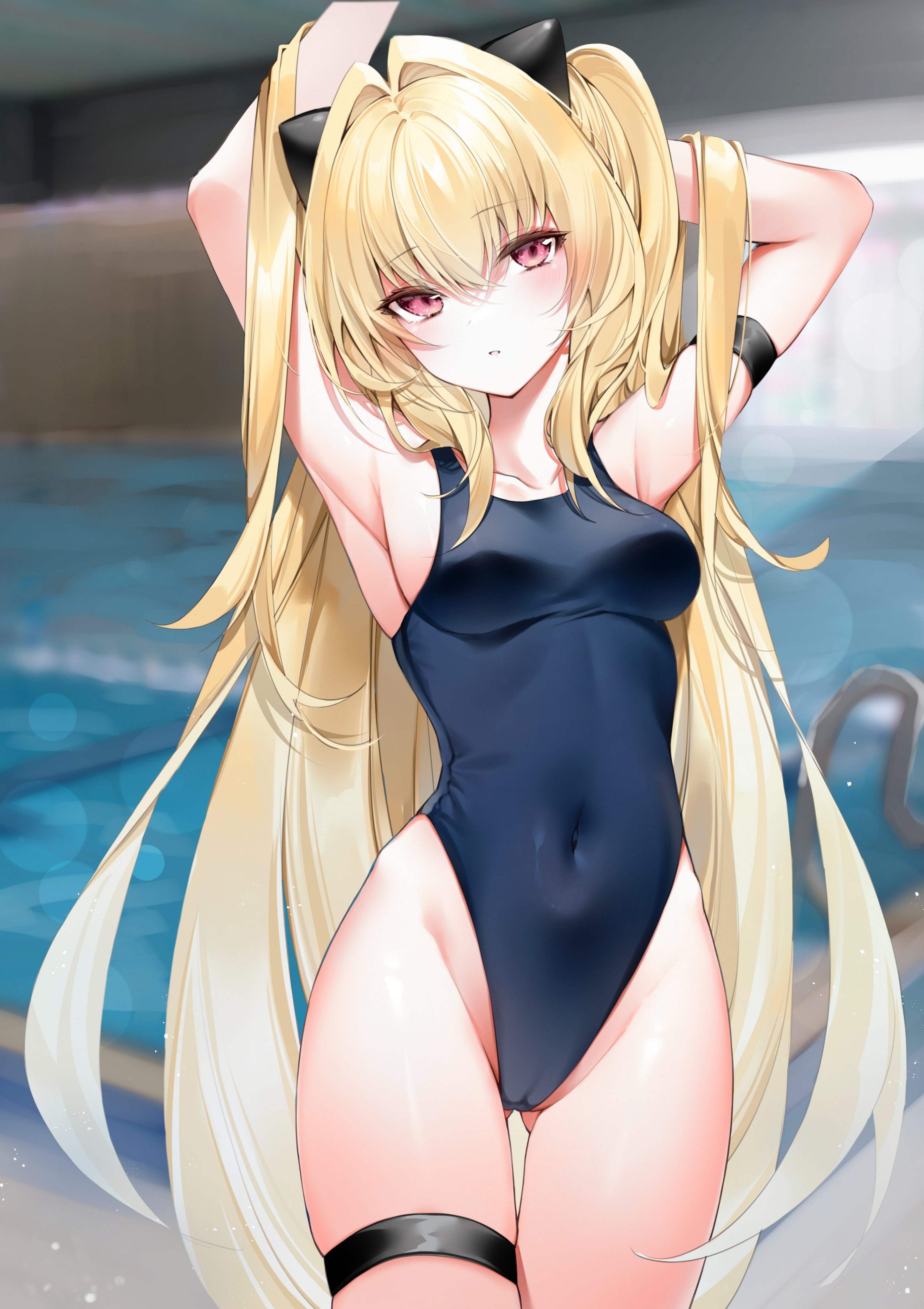 1girls, armpits, arms above head, arms behind head, arms up, bathing suit, belly, blonde hair, blurry background, blush, breasts, cameltoe, covered navel, cowboy shot, female, female focus, female only, hair between eyes, hair ornament, konjiki no yami, long hair, looking at viewer, navel, one piece swimsuit, pool, pussy, red eyes, small breasts, solo, solo female, solo focus, standing, stomach, swimsuit, swimwear, thigh strap, thighs, to love-ru, twintails, very long hair, yukineko1018