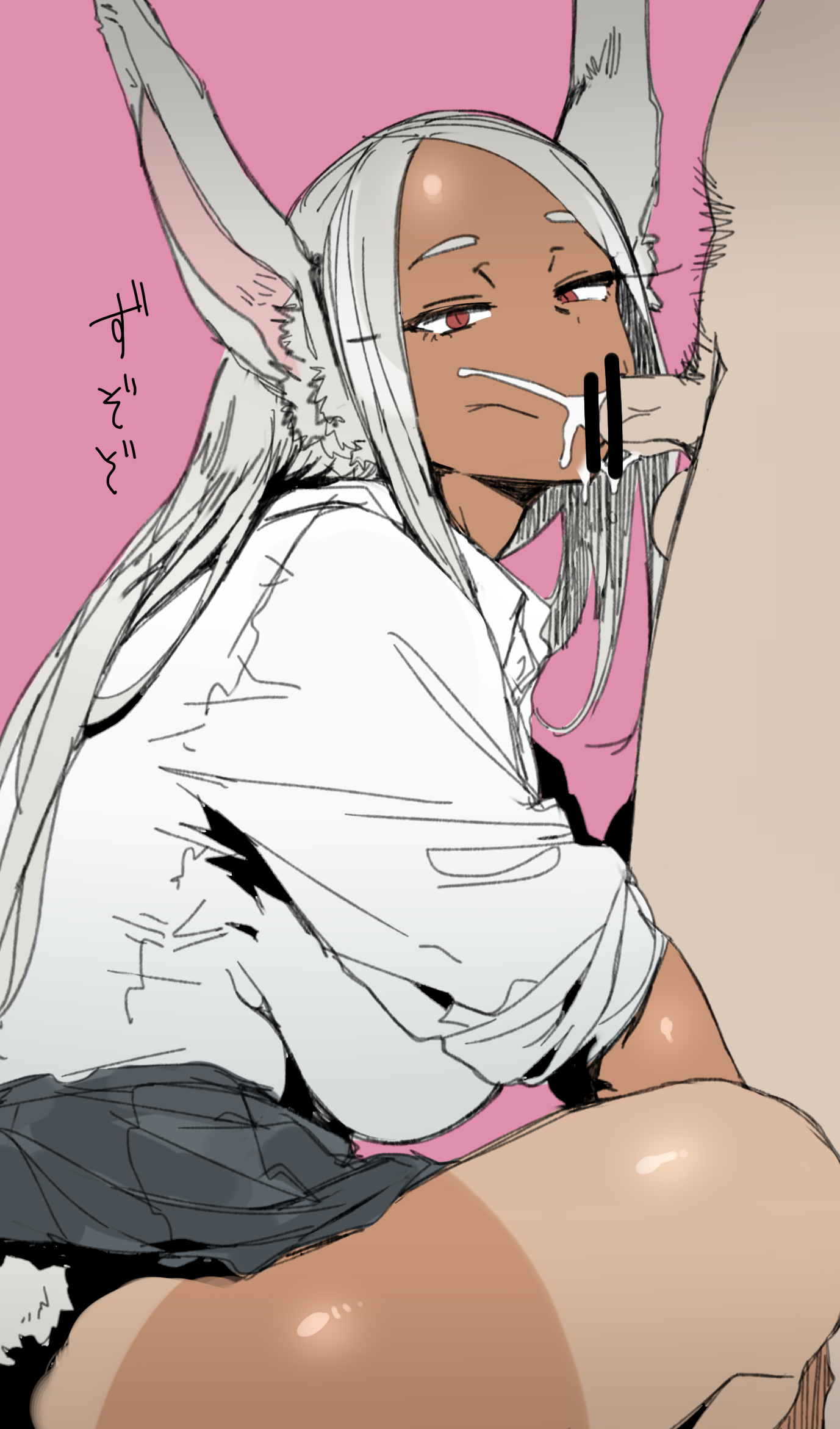 1boy, 1girls, bar censor, breasts, bunny ears, bunny girl, censored, cum, dark skin, dark-skinned female, ettone, fellatio, female, interracial, large breasts, male, male/female, miruko, muscular, my hero academia, rumi usagiyama, white hair