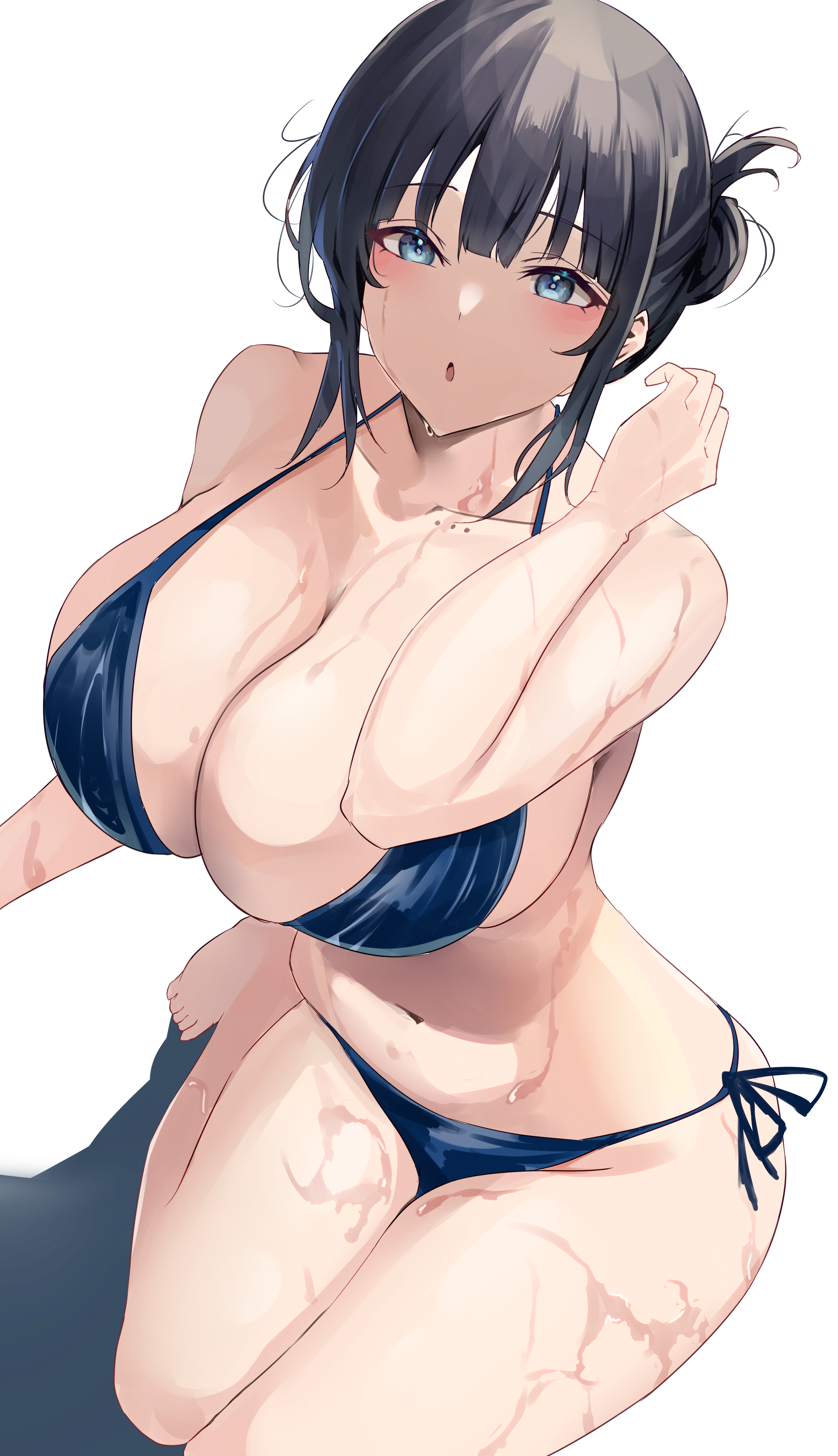 :o, absurdres, asaka karin, bangs, bikini, black hair, blue bikini, blue eyes, blunt bangs, blush, breasts, cleavage, collarbone, female, hair bun, hand up, highres, large breasts, love live!, love live! nijigasaki high school idol club, mole, navel, parted lips, side-tie bikini, sidelocks, sitting, solo, stomach, swimsuit, thighs, wet, white background, yamasonson