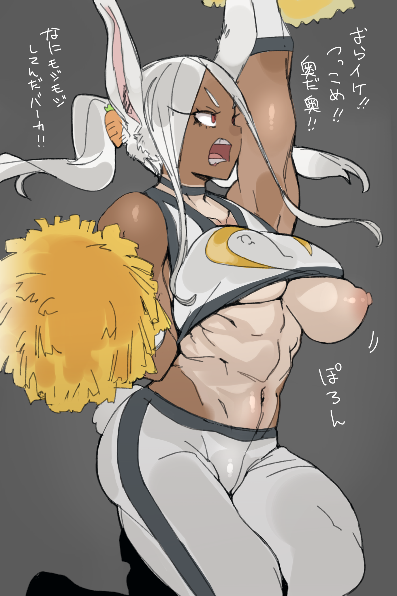 breasts, bunny ears, bunny girl, dark skin, dark-skinned female, ettone, female, large breasts, miruko, muscular, my hero academia, rumi usagiyama, tanned, tanned skin, wardrobe malfunction, white hair