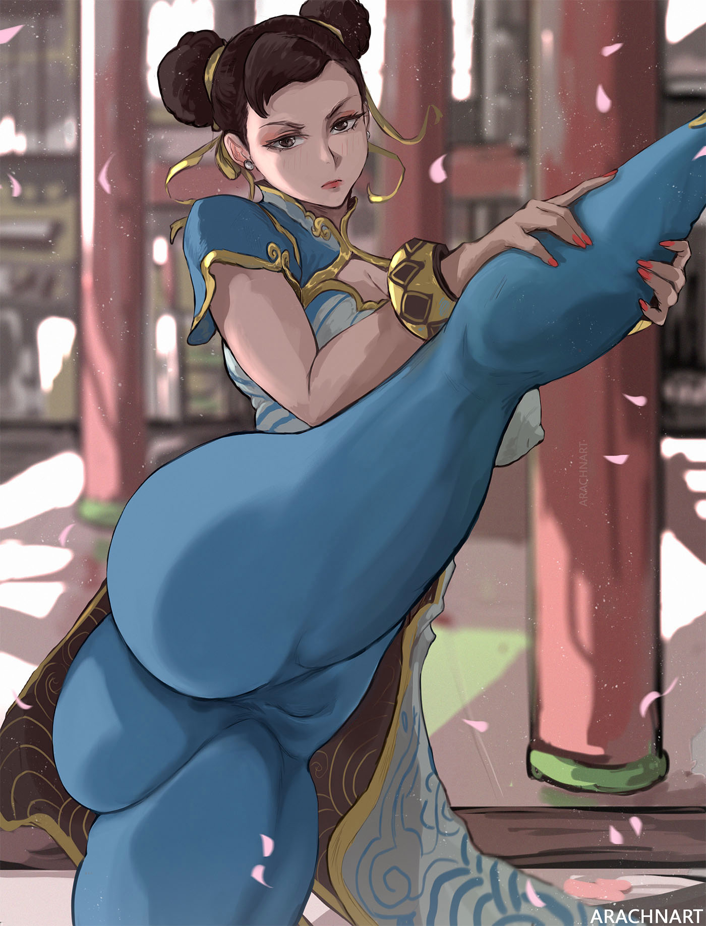 1girls, 2022, arachnart, artist signature, ass, ass focus, ass shot, athletic, athletic female, breasts, brown eyes, brown hair, brown-haired female, brunette, bubble ass, bubble butt, capcom, china dress, chun-li, female, female only, fit, fit female, hi res, huge ass, large breasts, leggings, one leg up, outdoors, presenting hindquarters, short hair, standing on one leg, street fighter, street fighter 6, stretching, thick, thick thighs, thighs, thunder thighs, twin buns