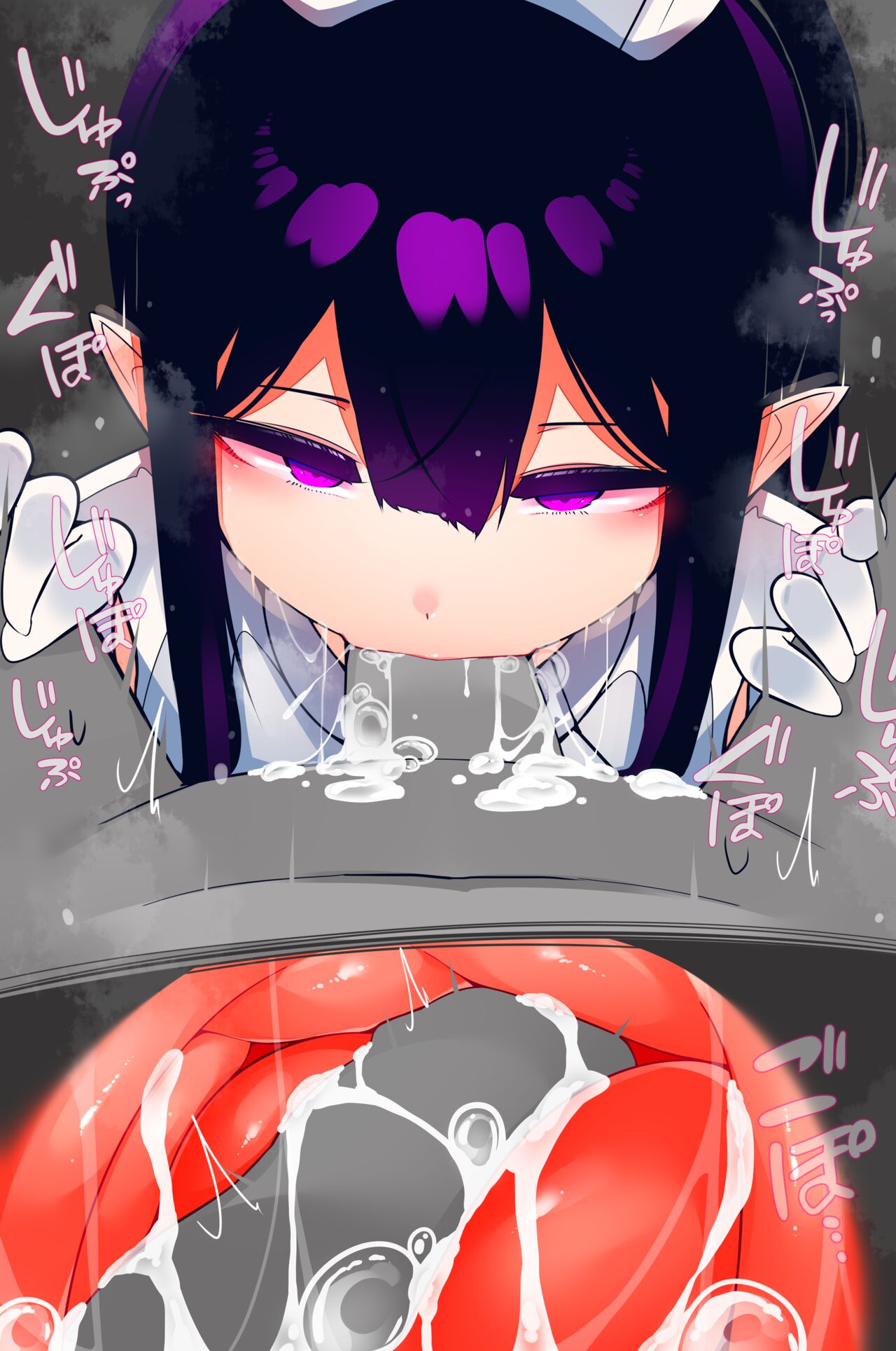 1boy, 1girls, big breasts, blowjob, breasts, cum, cum in mouth, demon, female, femdom, gloves, japanese text, kuroishimebo, long ears, male, nurse, pointy ears, purple eyes, succubus, text, translation request, white gloves