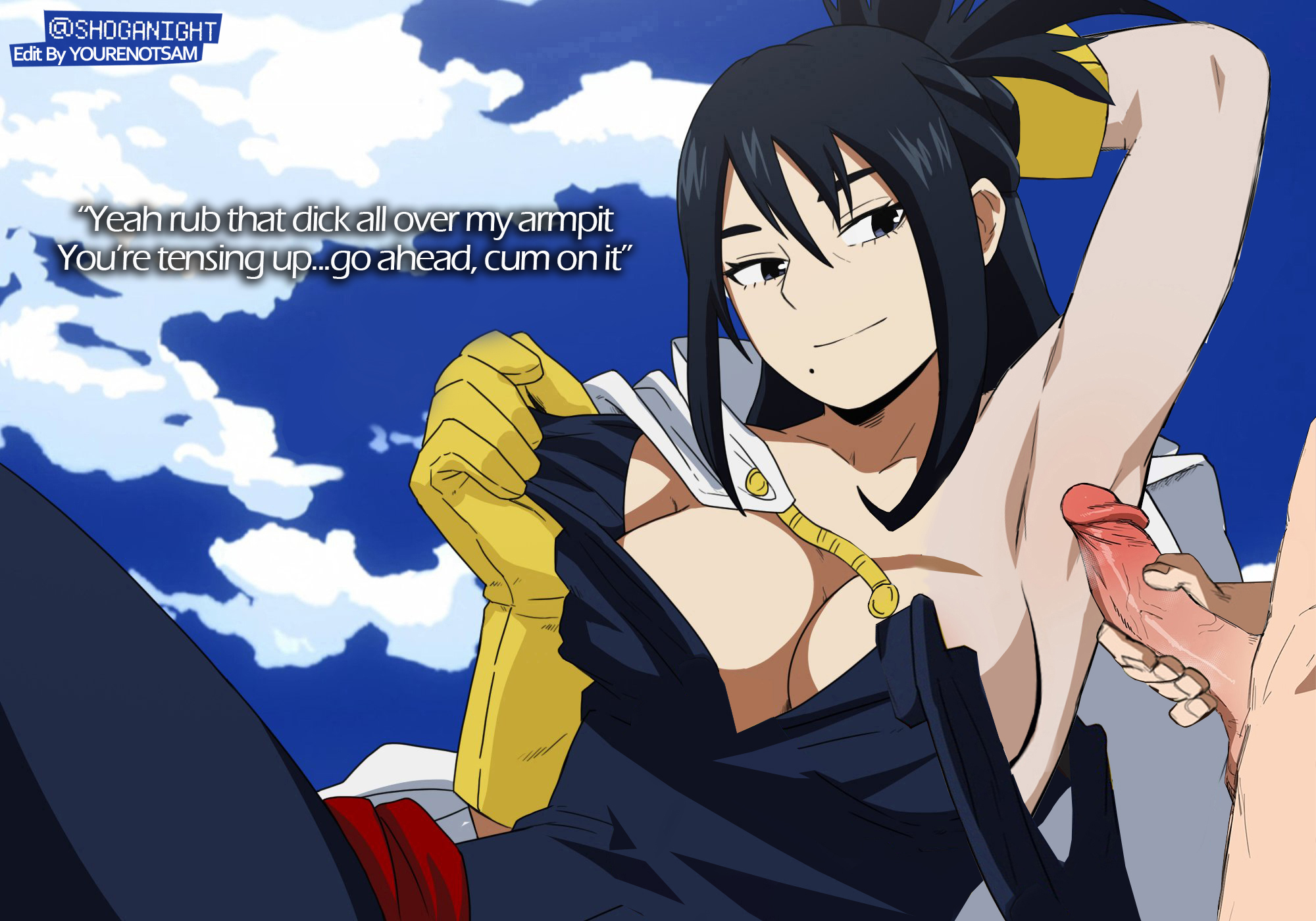 1boy, 1girls, armpit sex, armpits, black hair, black-haired female, dialogue, female, my hero academia, nana shimura, shoganight, text, yourenotsam
